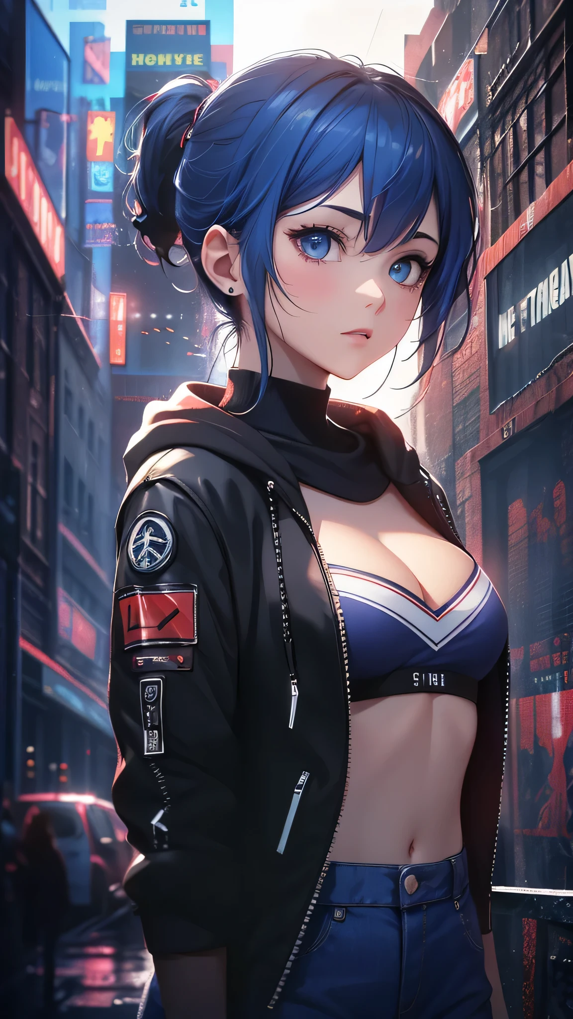 最high quality、best image quality、masterpiece、girl((20-year-old、 By becoming、vest bust、medium bust,wide open breast tea、shining eyes, light blue hair、long hair、thin,highest valley、ponytail、action of looking up、right arm bandage、purple and black hoodie、berry shorts、cool pose、holding a black smartphone)),high quality、beautiful art、background((cyberpunk city、punk house))、Flight、debris flies、Depth of written boundary、movie、visual art、perfect art、8k,genuine、
