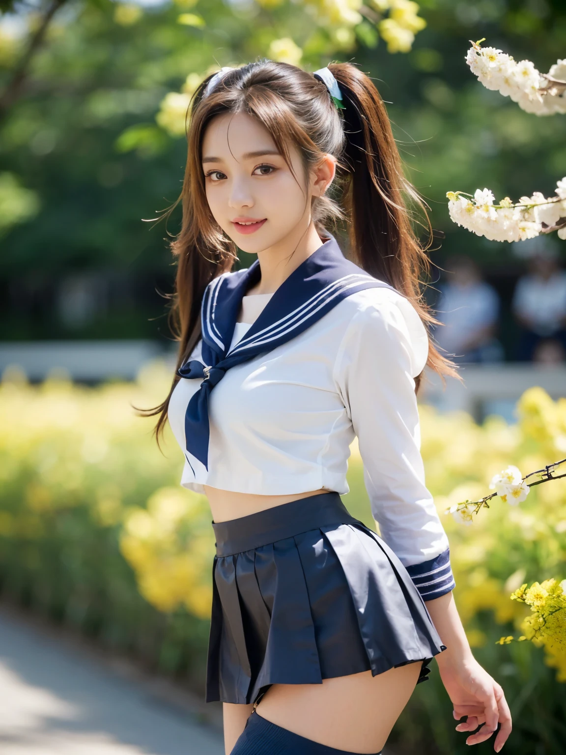 ((((highest quality))))、(((Ultra-precision CG16K wallpaper)))、(((masterpiece)))、(((Super detailed)))、(((super extreme details)))、1people's women、 female、18 year old female、((Japanese face))、((very beautiful face))、golden ratio face、((K-pop idol、HAERIN:1.5))、((twin tail hair:1.3))、(shiny hair)、bangs up to eyebrows、beautiful brown hair、beautiful delicate eyes、brown eyes、raised eyebrows、high nose、small nostrils、small mouth、seductive lipouth slightly open、beautiful breasts、C cup size breasts、cleavage、plump body、perfect proportions、perfect anatomy、perfect composition、beautiful detailed shading、beautiful natural lighting、beautiful detail glow、Depth of the bounds written、(((High chroma)))、(((real:1.9)))、((vivid:1.4))、((beautiful skin))、((skin texture))、((realな皮膚感))、(((cowboy shot:1.5)))、((Angle seen from the front:1.5))、((smile:1.4))、(Eyes looking at me:1.5)、bright sunshine、(((A woman surrounded by rape blossoms:1.5)))、(model pose:1.5)、(((high school girl uniform、Sailor suit wearing:1.5)))、(((Wearing a miniskirt that shows panties:1.6)))、