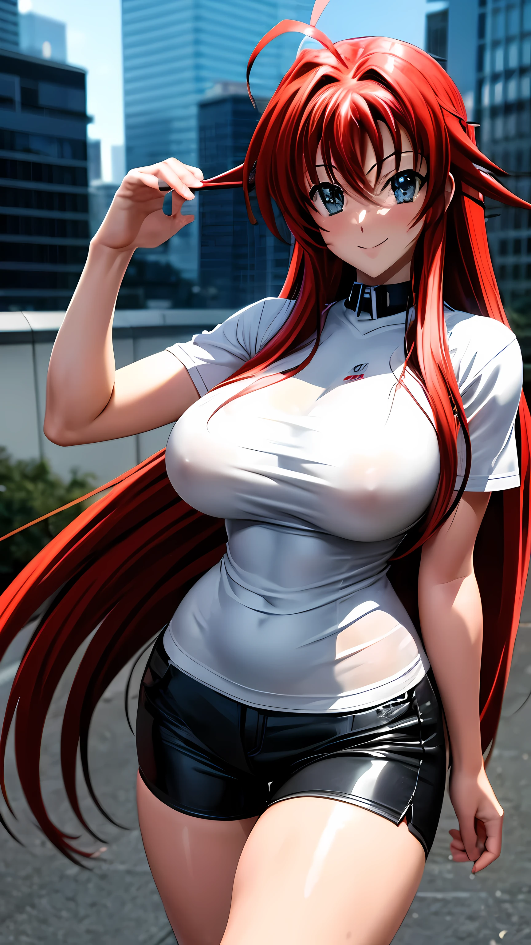 makeup makeup, high school dxd, ahoge, olhos lindos, olhos detalhados, Mulher adulta, camiseta branca grande, shorts pretos justos, White sneakers, round sunglasses, posando na foto, sorridente, muito feliz, Seios enormes!, coxa grossa, Tokyo city at night with various lights and buildings