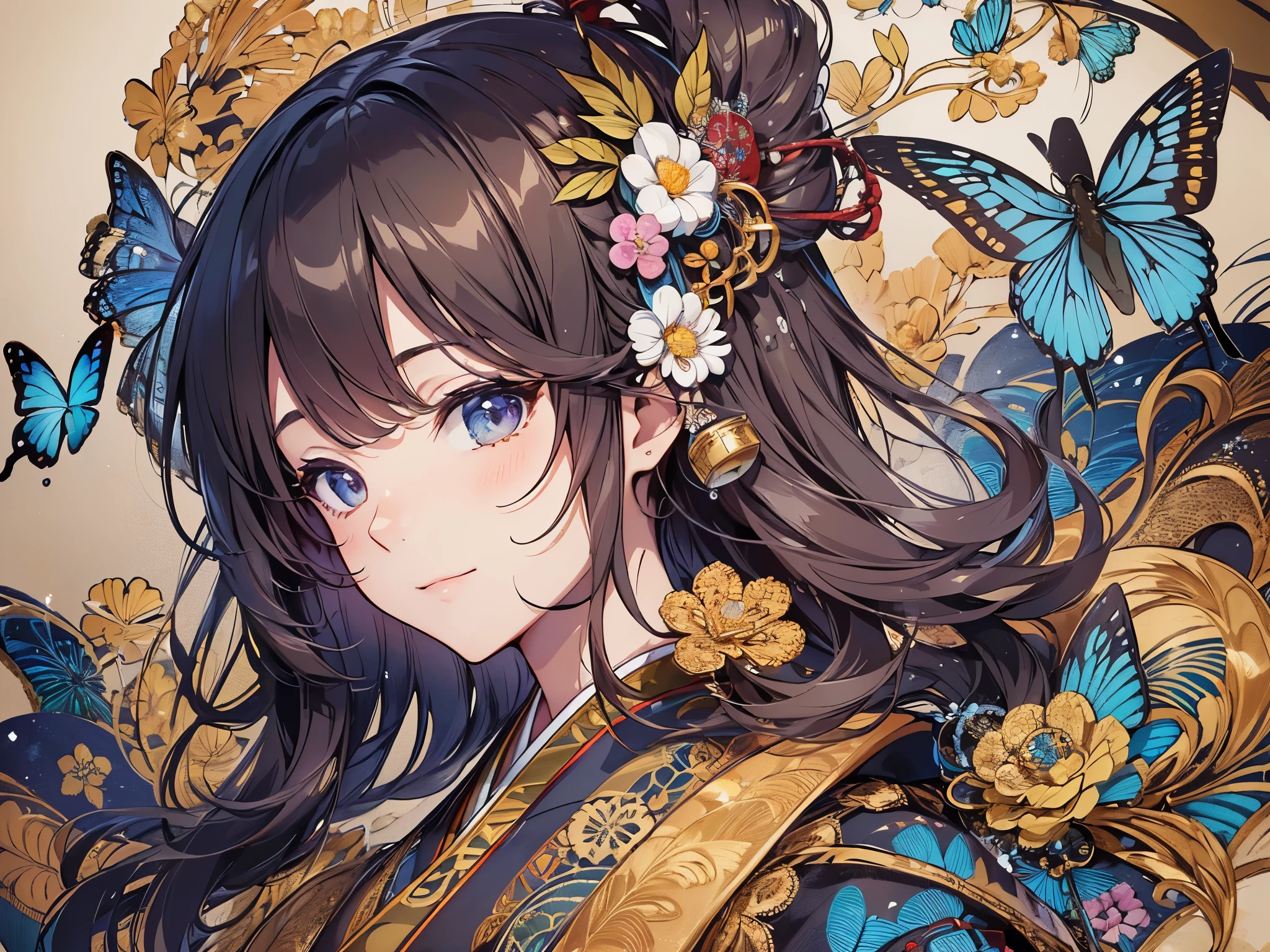 ((highest quality)),(ultra high resolution),(Super detailed),(detailed description),((best CG)),(best work of art),super precision art,amazing drawing art,(Art with precise details:1.5), (1 woman:1.8),smile,(Japanese clothes with intricate and detailed embroidery:1.6), Spring brook,butterfly,birdie, Wakaba,Sparkling light