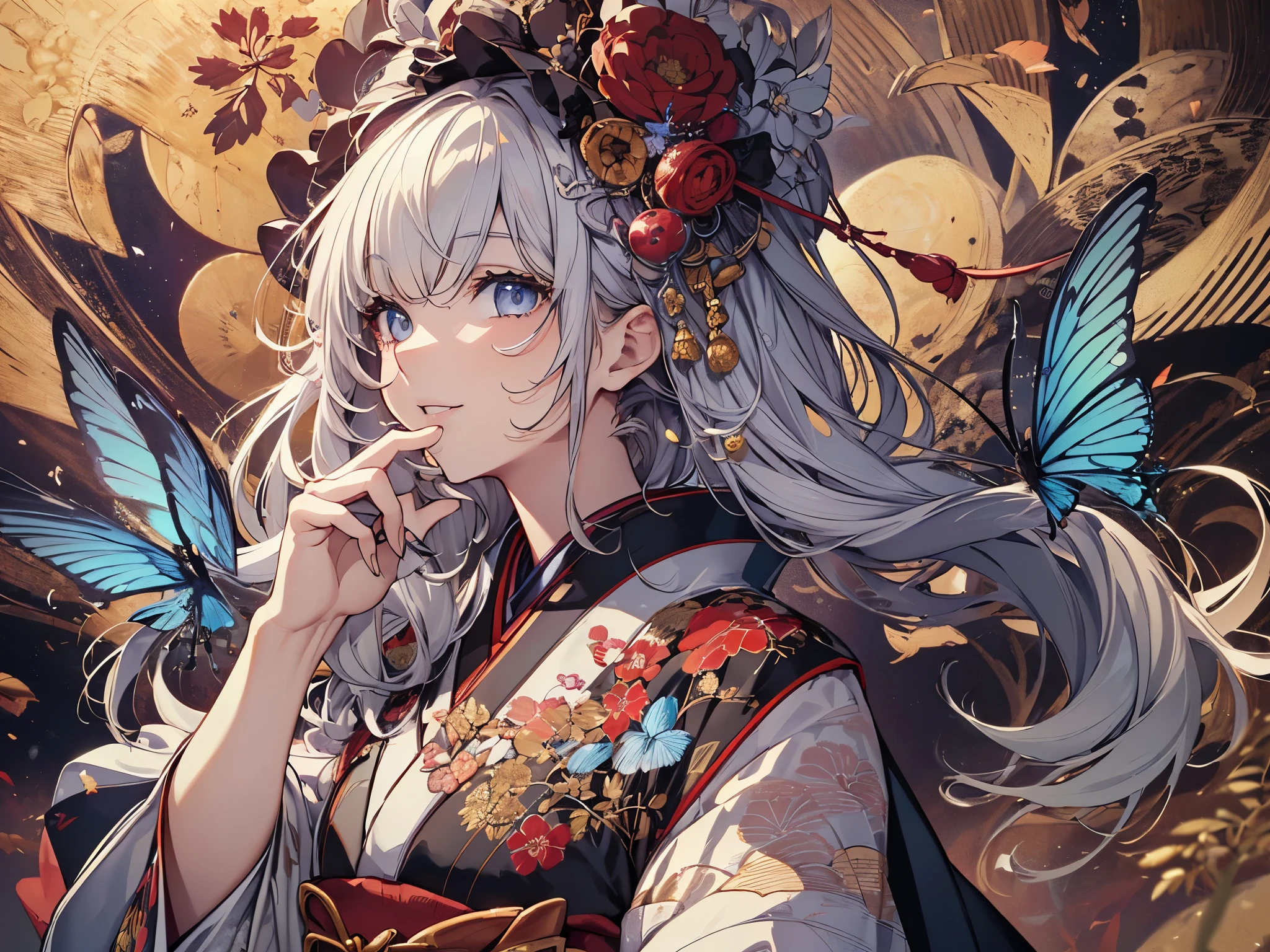 ((highest quality)),(ultra high resolution),(Super detailed),(detailed description),((best CG)),(best work of art),super precision art,amazing drawing art,(Art with precise details:1.5), (1 woman:1.8),smile,(Japanese clothes with intricate and detailed embroidery:1.6), Spring brook,butterfly,birdie, Wakaba,Sparkling light