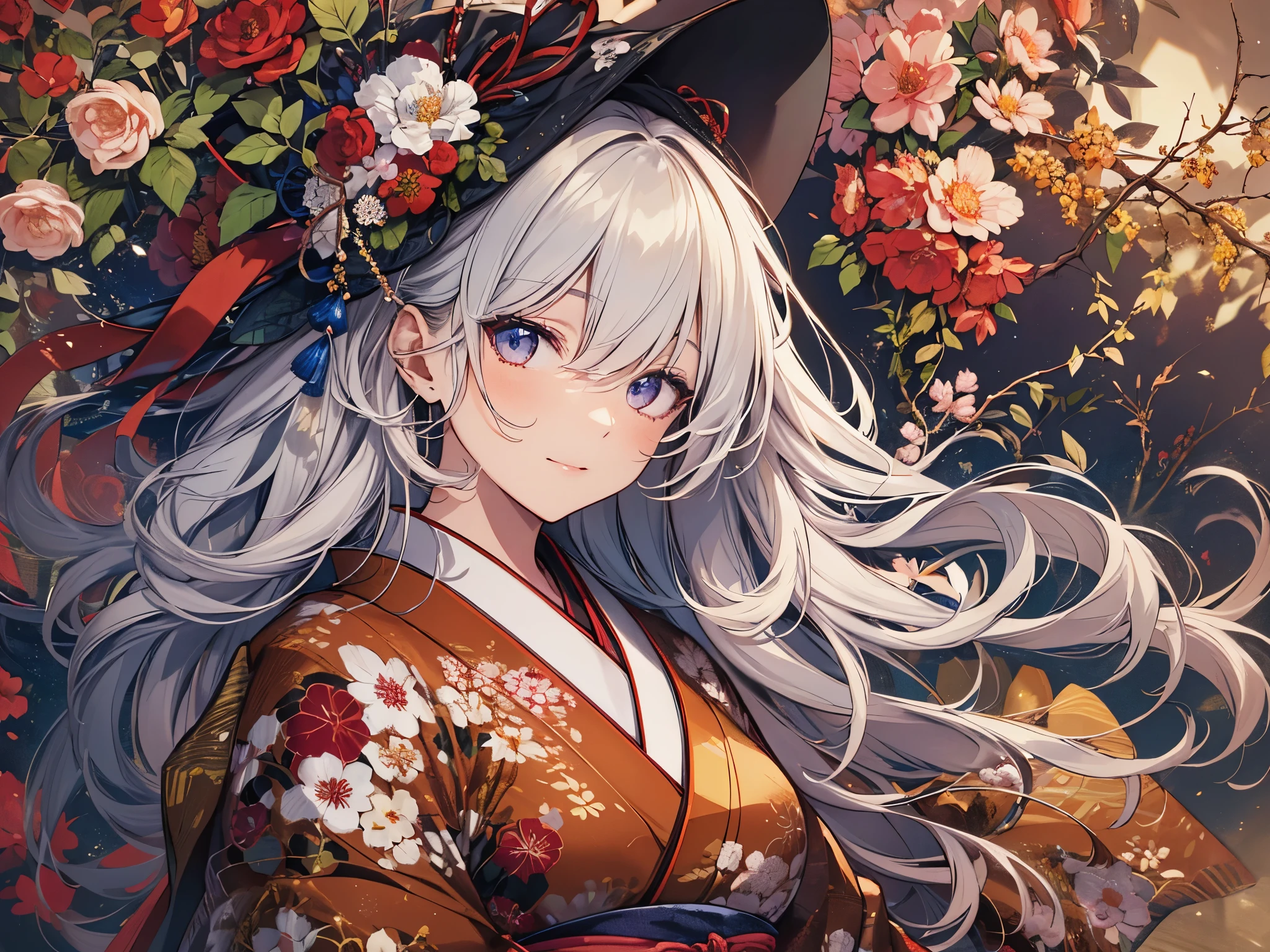((highest quality)),(ultra high resolution),(Super detailed),(detailed description),((best CG)),(best work of art),super precision art,amazing drawing art,(Art with precise details:1.5), (1 woman:1.8),smile,(Japanese clothes with intricate and detailed embroidery:1.6), Spring brook,butterfly,birdie, Wakaba,Sparkling light