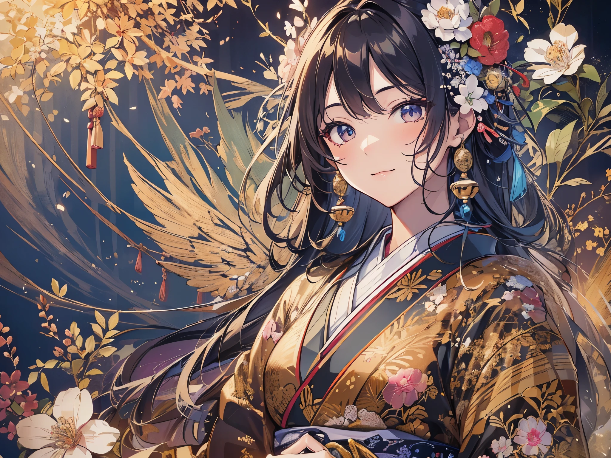 ((highest quality)),(ultra high resolution),(Super detailed),(detailed description),((best CG)),(best work of art),super precision art,amazing drawing art,(Art with precise details:1.5), (1 woman:1.8),smile,(Japanese clothes with intricate and detailed embroidery:1.6), Spring brook,butterfly,birdie, Wakaba,Sparkling light