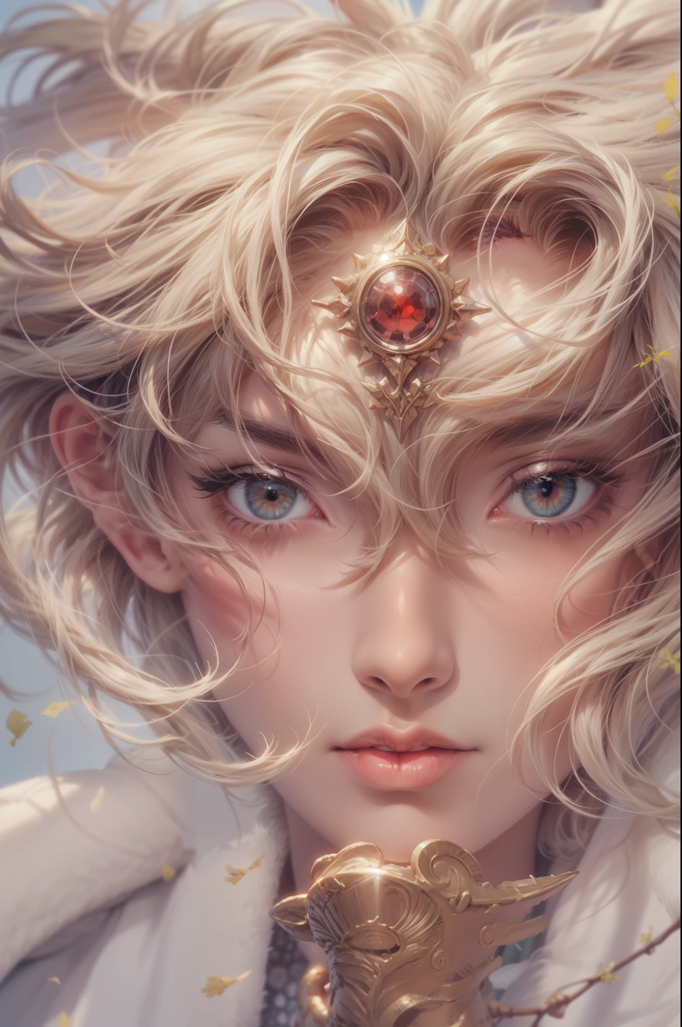 High resolution masterpiece best quality portrait close-up, handsome boy, perfect face, red eyes, short hair, detailed outfit, detailed background scenery