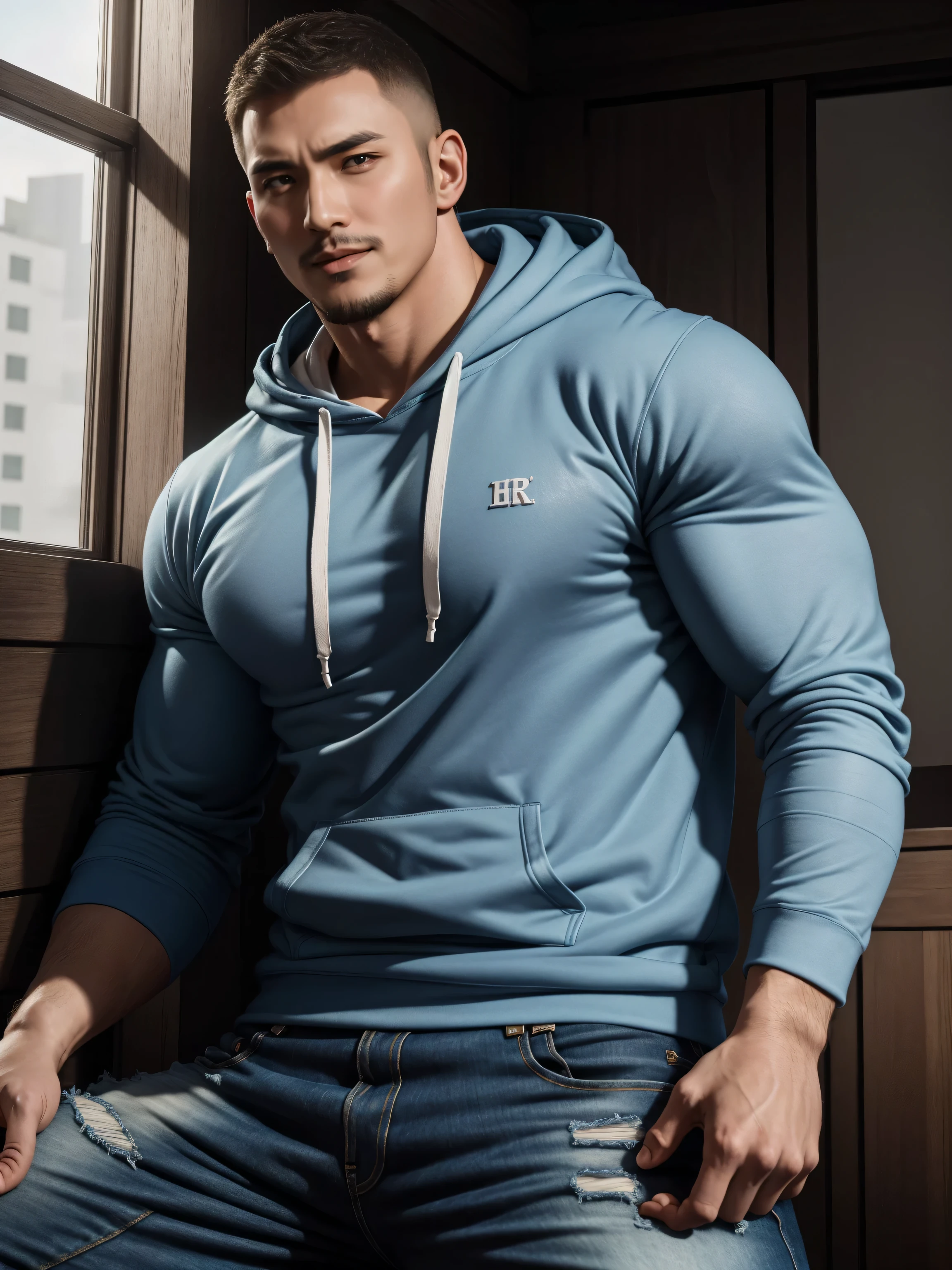 Tall giant muscular肌肉男老师,白蓝色连帽Sweatshirt,Sweatshirt,jeans,character concept(Resident Evil - chris redfield,chris redfield)bright charming smile,Deep and charming eyes,heroic male pose,高大burly,muscular!muscular大腿,tough guy,perfect facial features,High, burly, Heqiang, Super gain and cool, high resolution committee,Charming strong man,The bright sunshine shines on you through the window