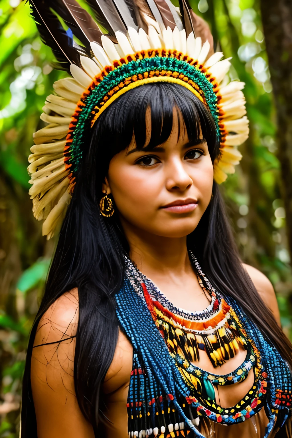((Foto CRU, melhor qualidade)), (Realista, fotorrealista:1.2). A beautiful indigenous girl in native costume with feathers and feathers on her head, Amazonian indigenous peoples in Brazil, linda jovem feminina brasileira nativa, Yanomami Indian in typical costumes,alta qualidade. amazon forest background.