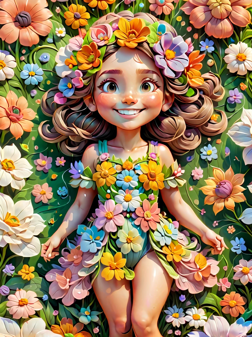 Cute *********** wearing a costume made of flowers lying among the flowers in the clouds，world of flowers，Happy smile，animation aesthetics，furry art，3d cable weave，Seamless full-screen pattern，Exquisite，Warm color scheme，8K，Ultra high detail minimalist background