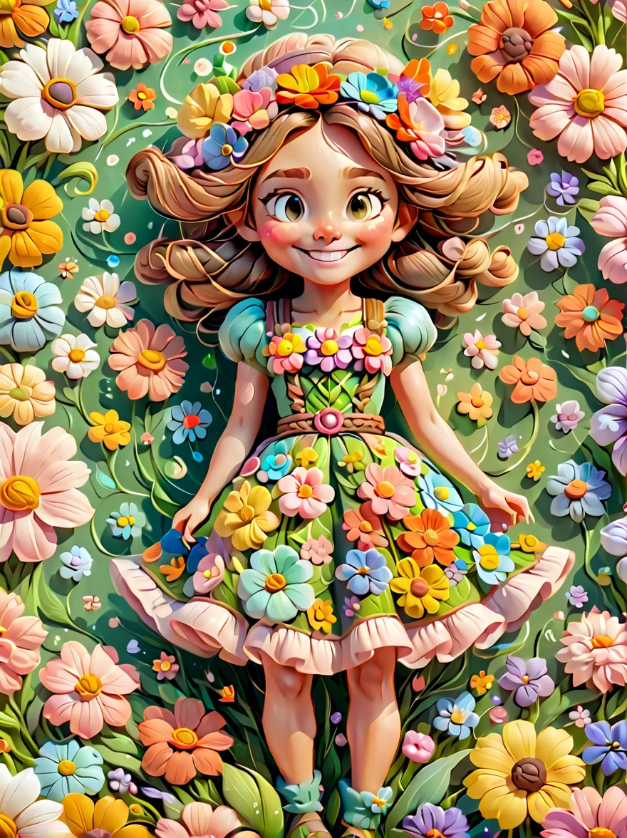 Cute  girl wearing a costume made of flowers lying among the flowers in the clouds，world of flowers，Happy smile，animation aesthetics，furry art，3d cable weave，Seamless full-screen pattern，Exquisite，Warm color scheme，8K，Ultra high detail minimalist background