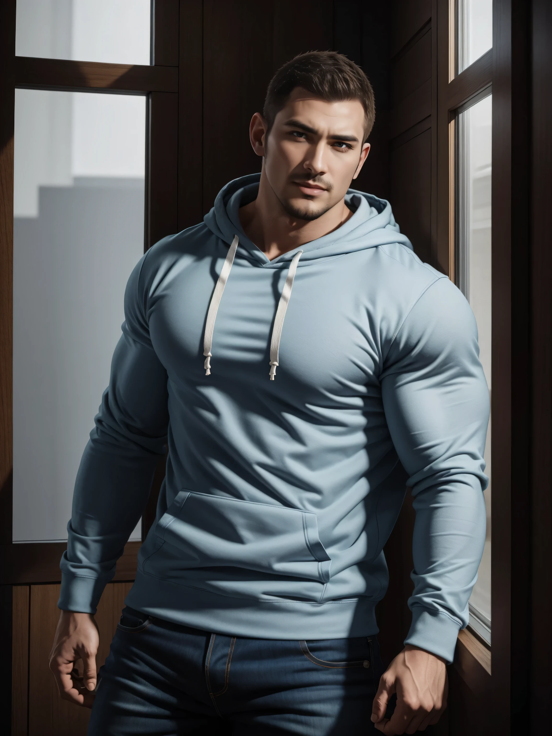 Tall giant muscular肌肉男老师,白蓝色连帽Sweatshirt,Sweatshirt,jeans,character concept(Resident Evil - chris redfield,chris redfield)bright charming smile,Deep and charming eyes,heroic male pose,高大burly,muscular!muscular大腿,tough guy,perfect facial features,High, burly, Heqiang, Super gain and cool, high resolution committee,Charming strong man,The bright sunshine shines on you through the window