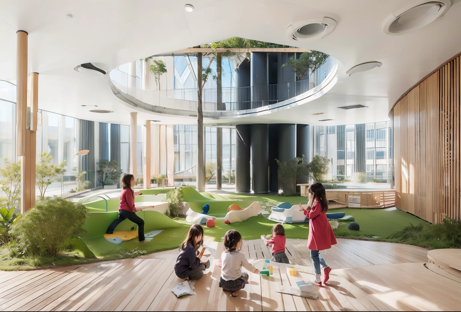 a group of children playing in a play area with artificial turf, children's, inside a grand, filled with natural light, rounded ceiling, foster and partners, immaculately detailed, mix with rivendell architecture, exceptional, true realistic image, great space, description, by Elizabeth Durack, fine line work, by Lisa Milroy, awe - inspiring award - winning, plywood trees