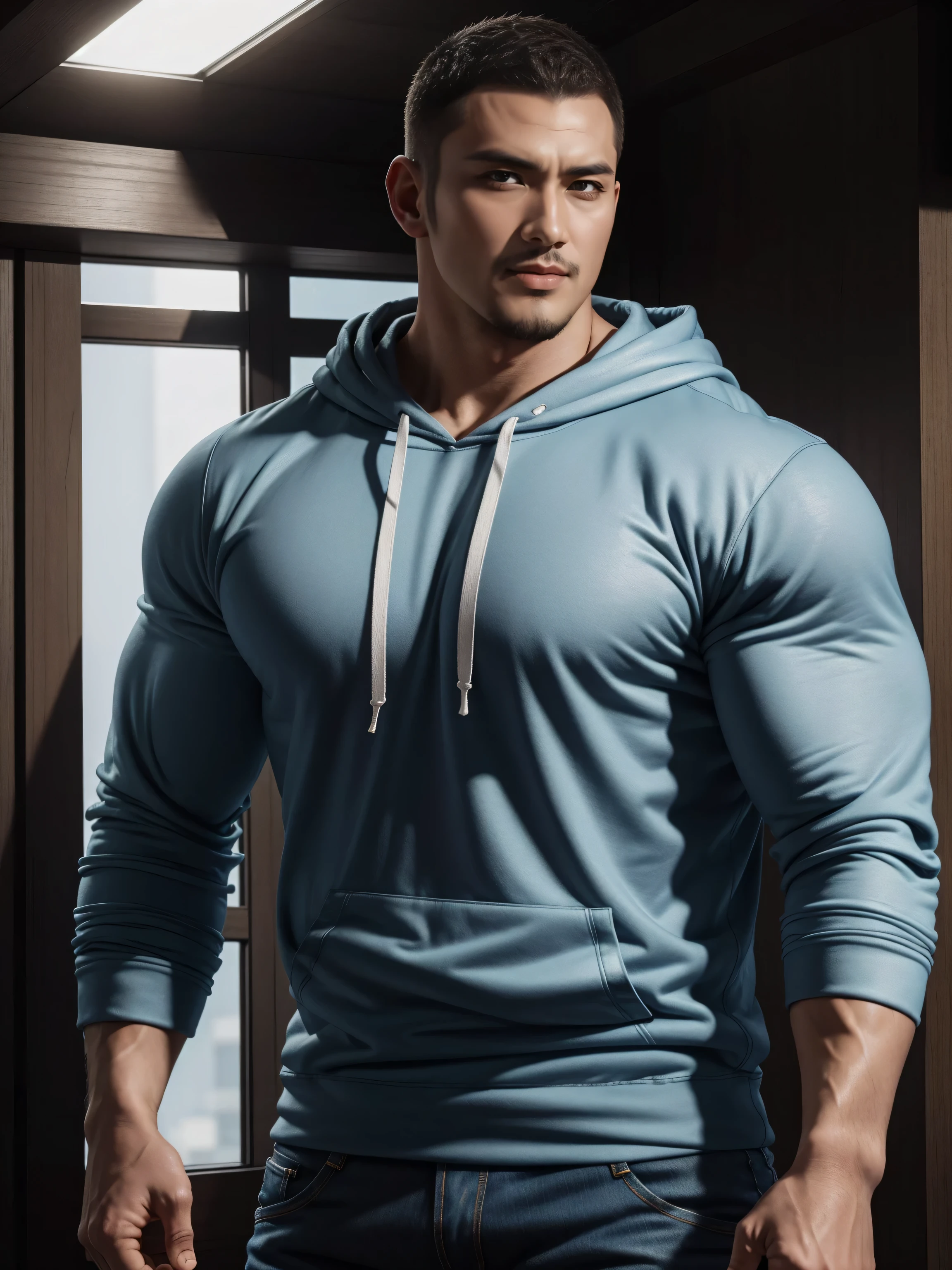 Tall giant muscular肌肉男老师，白蓝色连帽Sweatshirt，Sweatshirt，jeans，character concept（Resident Evil - chris redfield，chris redfield）bright charming smile，Deep and charming eyes，heroic male pose，高大burly，muscular！muscular大腿，tough guy，perfect facial features，High, burly, Heqiang， Super gain and cool， high resolution committee，Charming strong man，The bright sunshine shines on you through the window