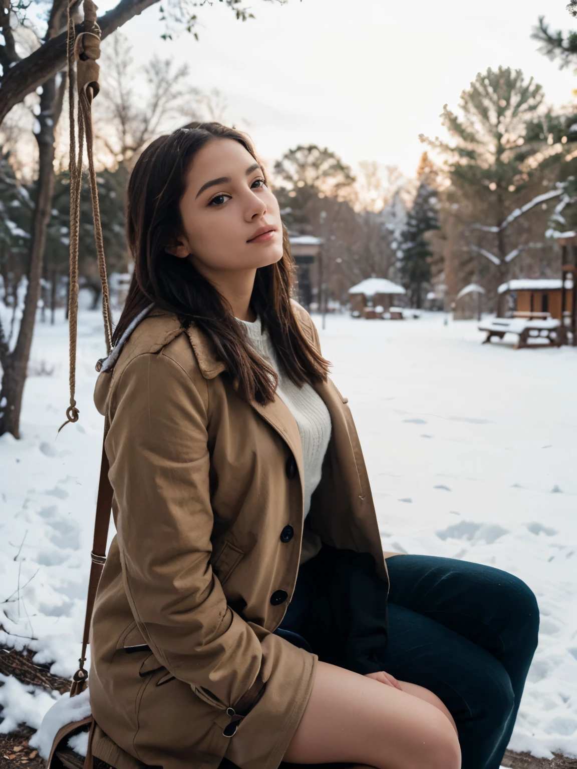 A winter scene.a lady is sitting on a swing that is hung to a branch of a tree.she is looking at the nature.she is sitting still.a pleasent side face and her body can be seen as she is looking in one direction .