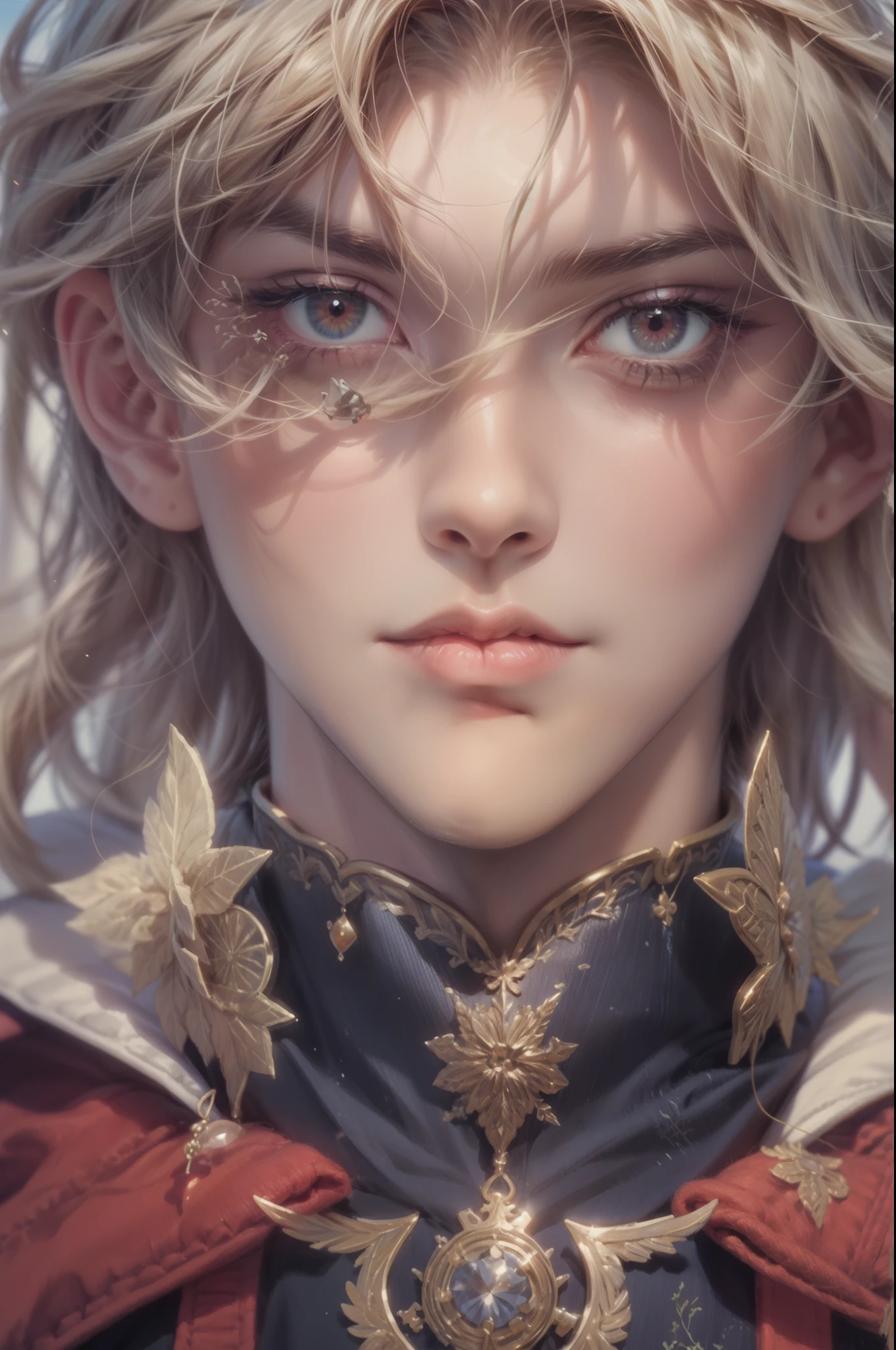 High resolution masterpiece best quality portrait close-up, handsome boy, perfect face, red eyes, short hair, detailed outfit, detailed background scenery
