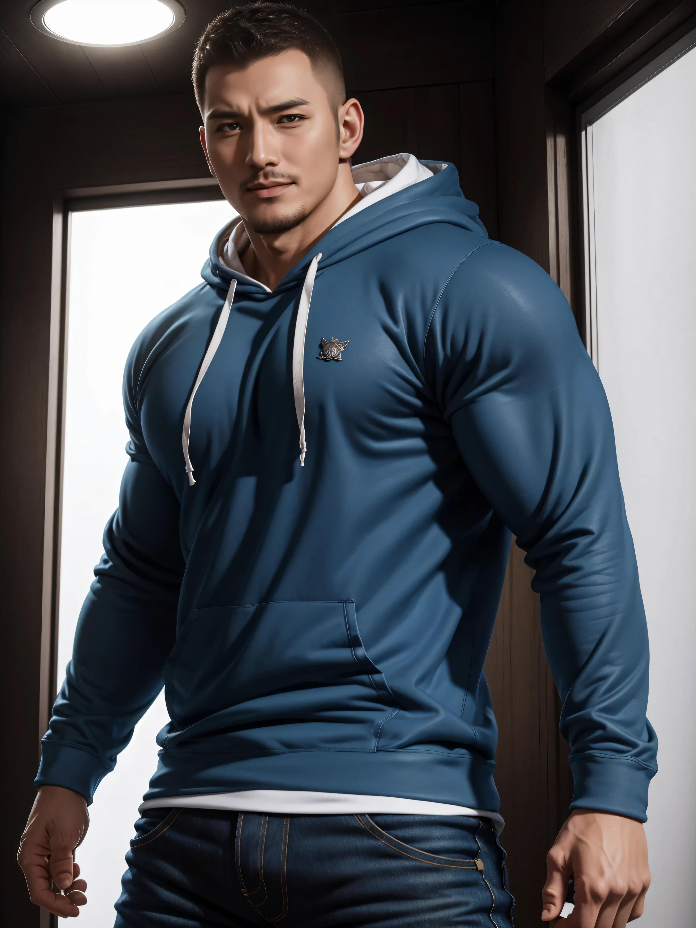 Tall giant muscular肌肉男老师,白蓝色连帽Sweatshirt,Sweatshirt,jeans,character concept(Resident Evil - chris redfield,chris redfield)bright charming smile,Deep and charming eyes,heroic male pose,高大burly,muscular!muscular大腿,tough guy,perfect facial features,High, burly, Heqiang, Super gain and cool, high resolution committee,Charming strong man,The bright sunshine shines on you through the window