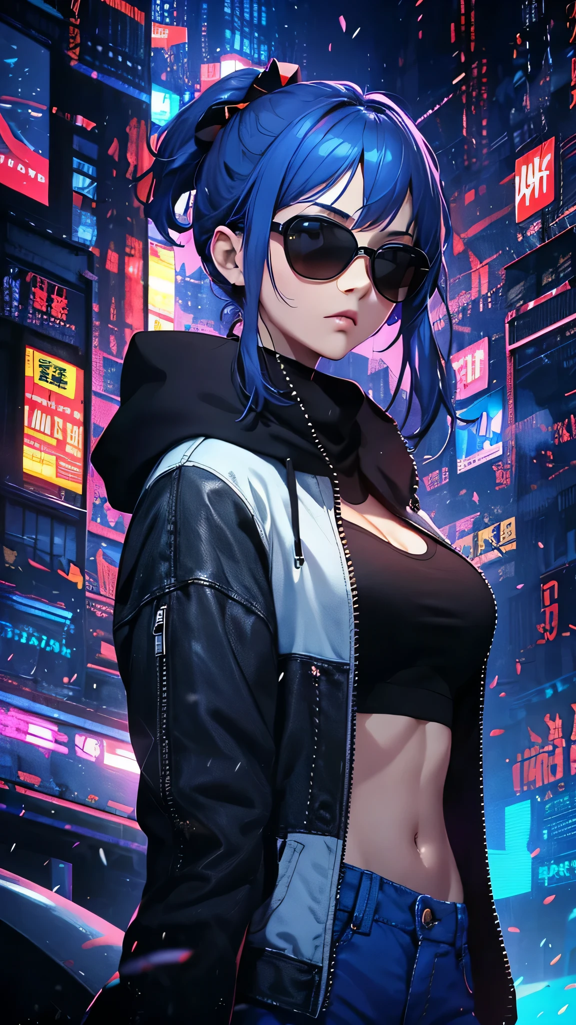 最high quality、best image quality、masterpiece、girl((20-year-old、 By becoming、vest bust、medium bust,wide open breast tea、shining eyes, light blue hair、long hair、thin,highest valley、ponytail、action of looking up、right arm bandage、purple and black hoodie、berry shorts、cool pose、holding a black smartphone、Cyber Sunglasses)),high quality、beautiful art、background((cyberpunk city、punk house))、Flight、debris flies、Depth of written boundary、movie、visual art、perfect art、8k,genuine、