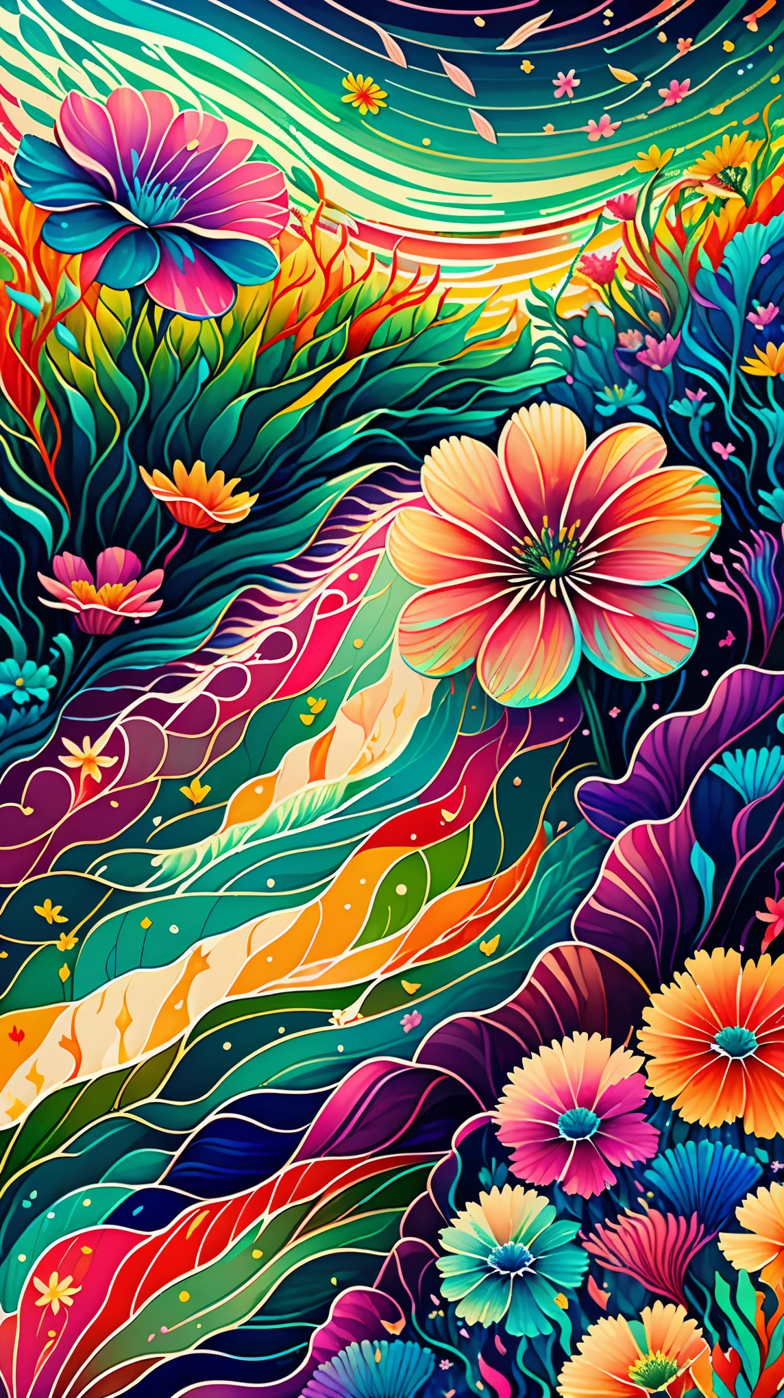 (((sea-like flower field))), water, abstract art, colorful, Bright colors, (((colorful flowers, rainbow, spilled paint))), art, waving flowers々, painting, wood, bird, Mixed color, beautiful, poster art, abstract, fantasy, paint art, A fantastic flower garden, colorful flowersと舞い散る花びら, very unique graphic art.