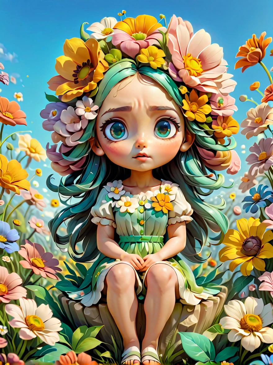 Very realistic 3D rendered images，With amazing views。Avatar style color scheme，The theme is a world of spring flowers，A super cute little girl character IP，charming big eyes，Sitting on a huge flower in front of the audience，seems to be dreaming，clear sky，Pixel，IP，blind box，clay material，Pastels，studio lighting。Front，octane rendering，Blender，super quality，vivid brushstrokes