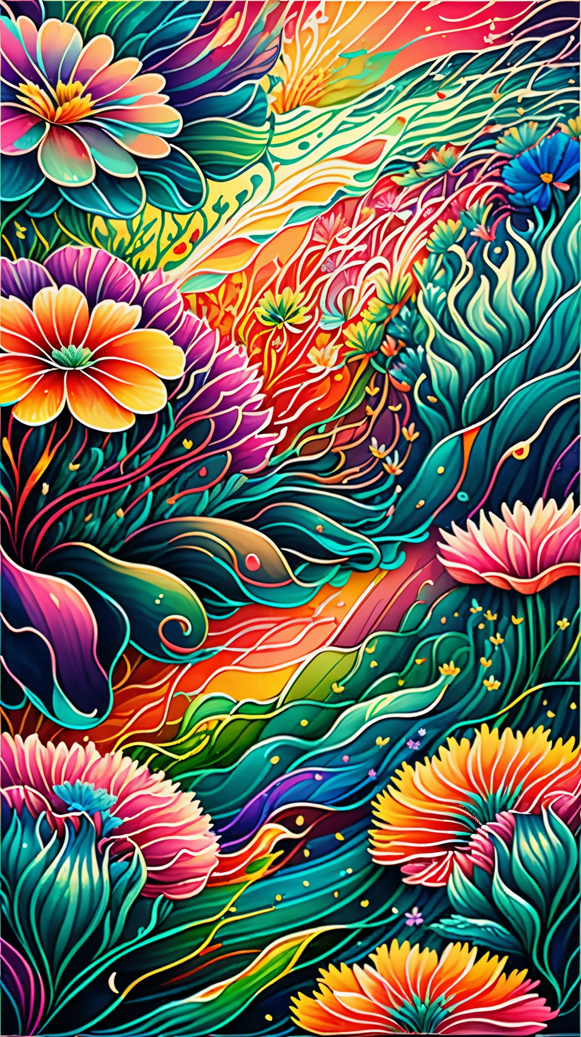 (((sea-like flower field))), water, abstract art, colorful, Bright colors, (((colorful flowers, rainbow, spilled paint))), art, waving flowers々, painting, wood, bird, Mixed color, beautiful, poster art, abstract, fantasy, paint art, A fantastic flower garden, colorful flowersと舞い散る花びら, very unique graphic art.