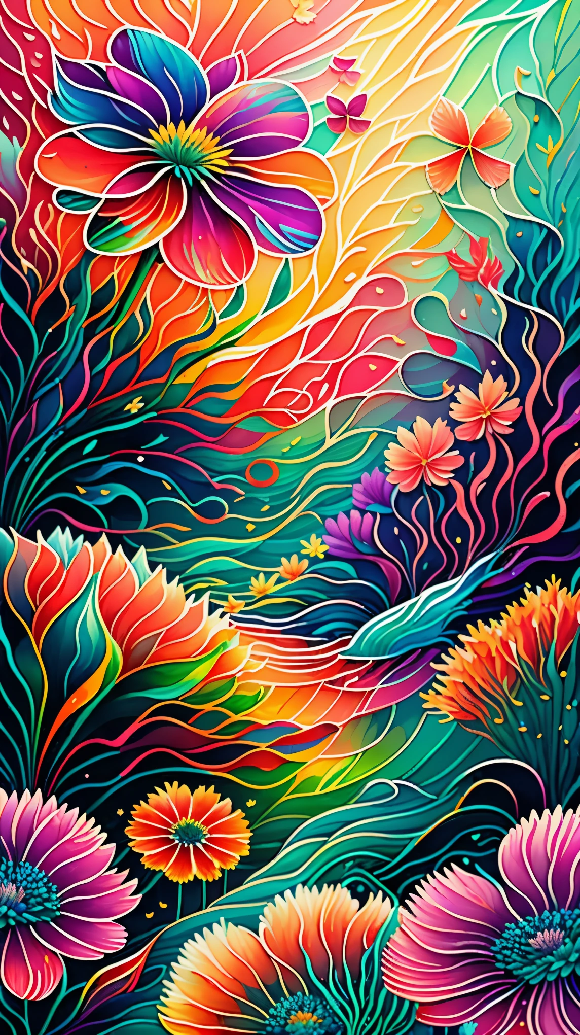 (((sea-like flower field))), water, abstract art, colorful, Bright colors, (((colorful flowers, rainbow, spilled paint))), art, waving flowers々, painting, wood, bird, Mixed color, beautiful, poster art, abstract, fantasy, paint art, A fantastic flower garden, colorful flowersと舞い散る花びら, very unique graphic art.