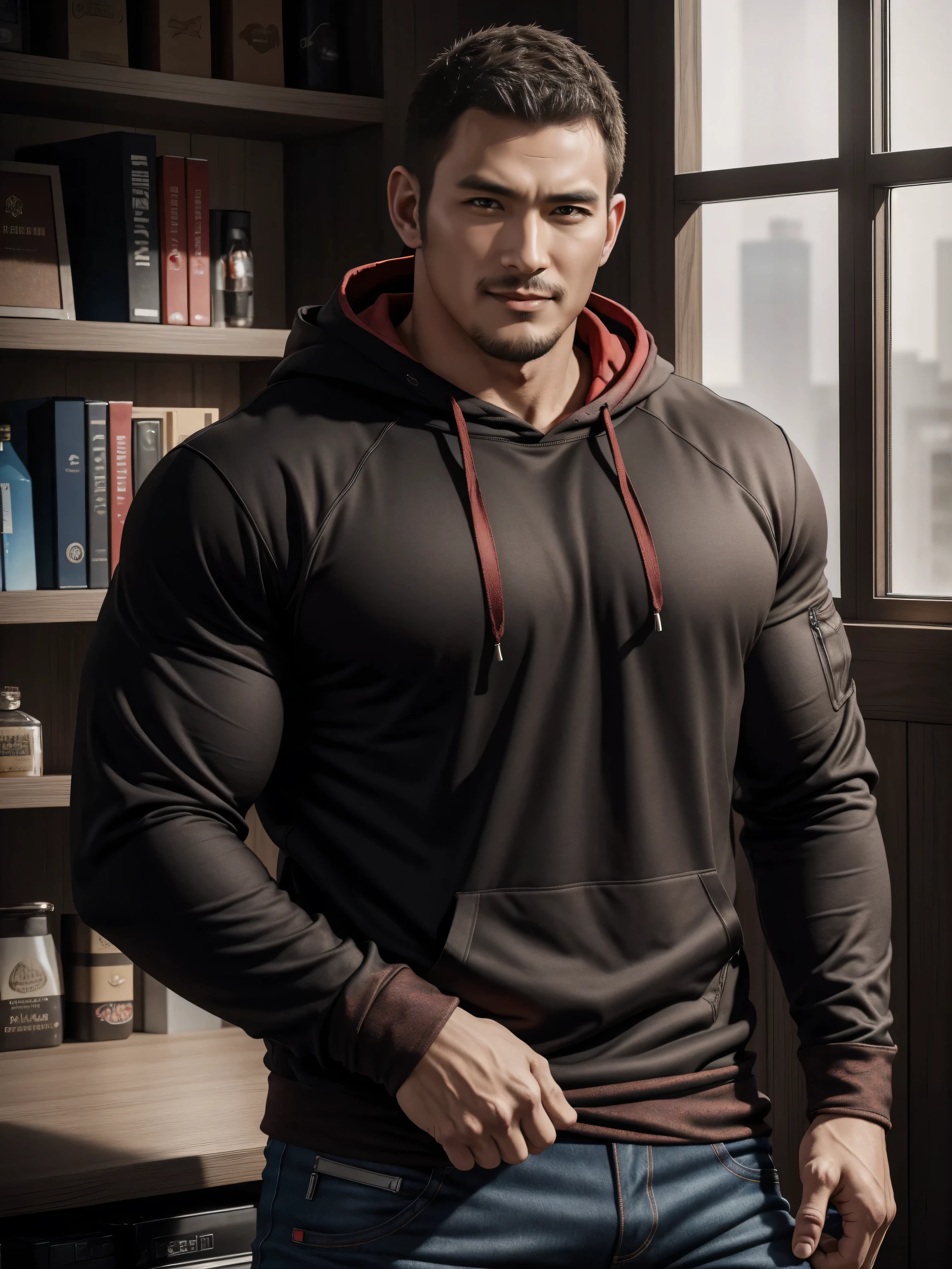 Tall giant muscular肌肉男老师,红色和黑色连帽Sweatshirt,Sweatshirt,jeans,character concept(Resident Evil - chris redfield,chris redfield)Smile is warm and charming,Deep and charming eyes,heroic male pose,高大burly,muscular!muscular大腿,tough guy,perfect facial features,High, burly, Heqiang, Super gain and cool, high resolution committee,Charming strong man,The bright sunshine shines on you through the window