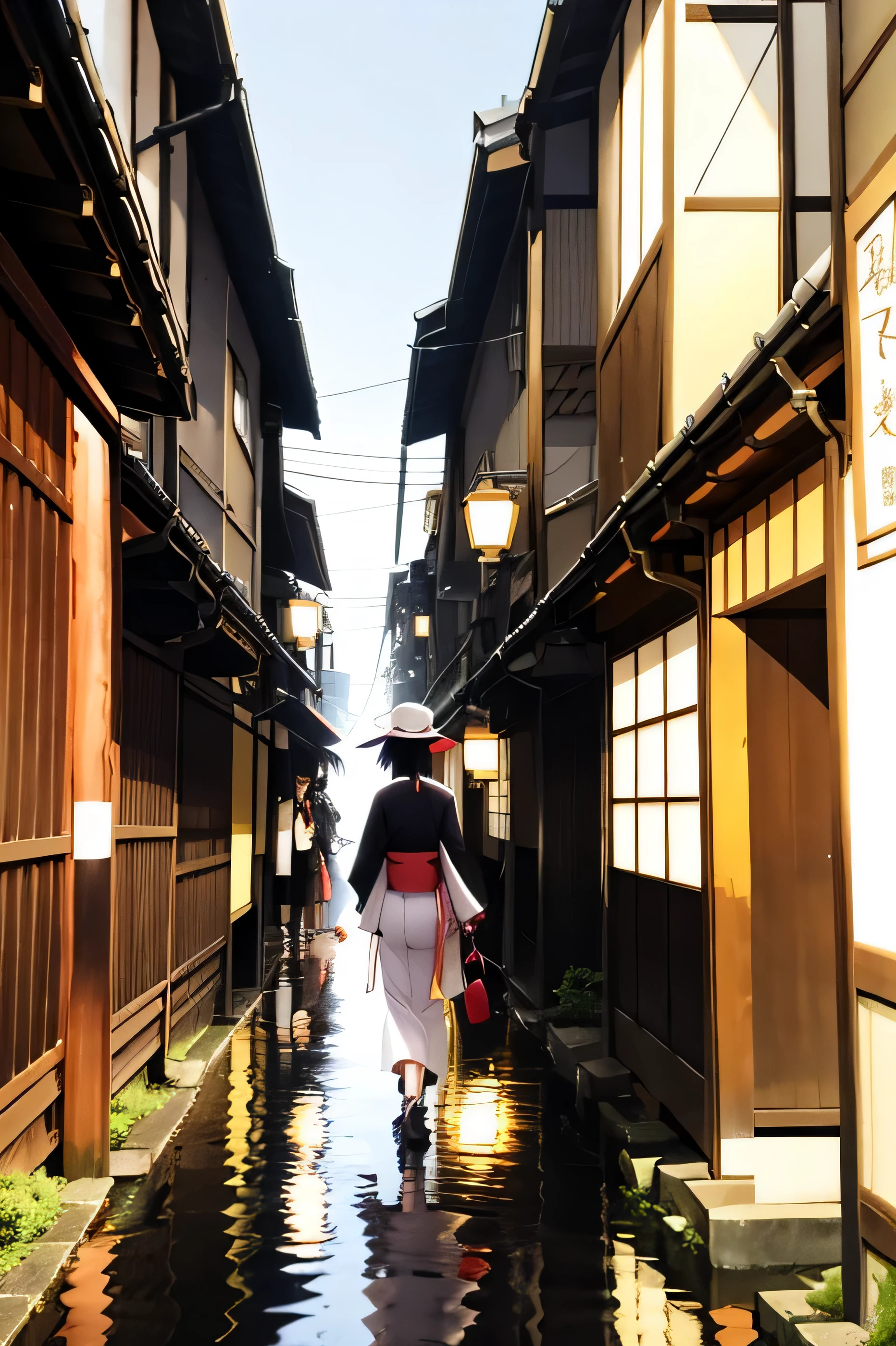 Back alleys in Kyoto、woman enjoying a walk. 17Year. 瓦にreflectionする太陽の光. volume light. reflection, refraction.