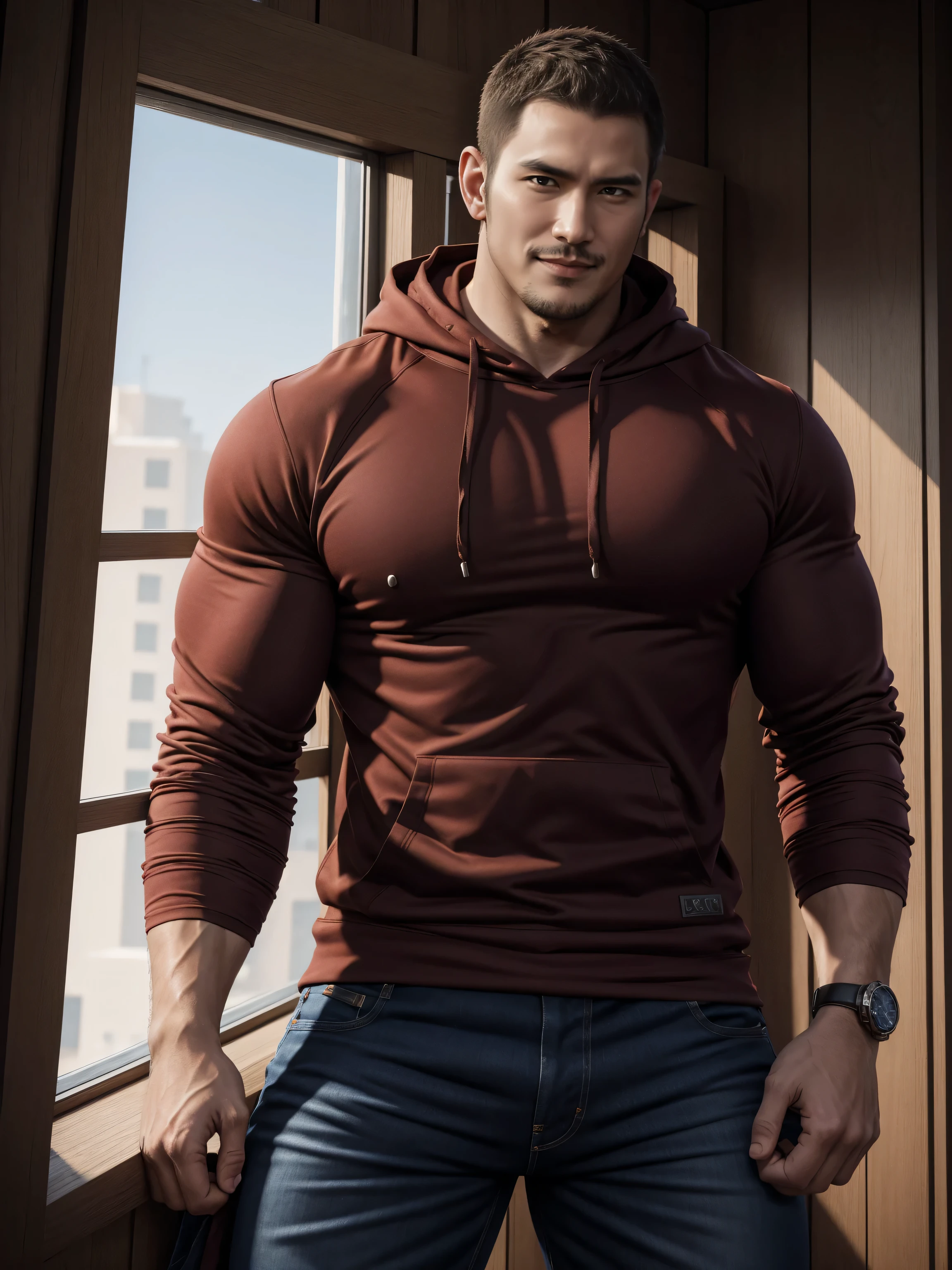 Tall giant muscular肌肉男,红色和黑色连帽Sweatshirt,Sweatshirt,jeans,character concept(Resident Evil - chris redfield,chris redfield)Smile is warm and charming,Deep and charming eyes,heroic male pose,高大burly,muscular!muscular大腿,tough guy,perfect facial features,High, burly, Heqiang, Super gain and cool, high resolution committee,Charming strong man,The bright sunshine shines on you through the window