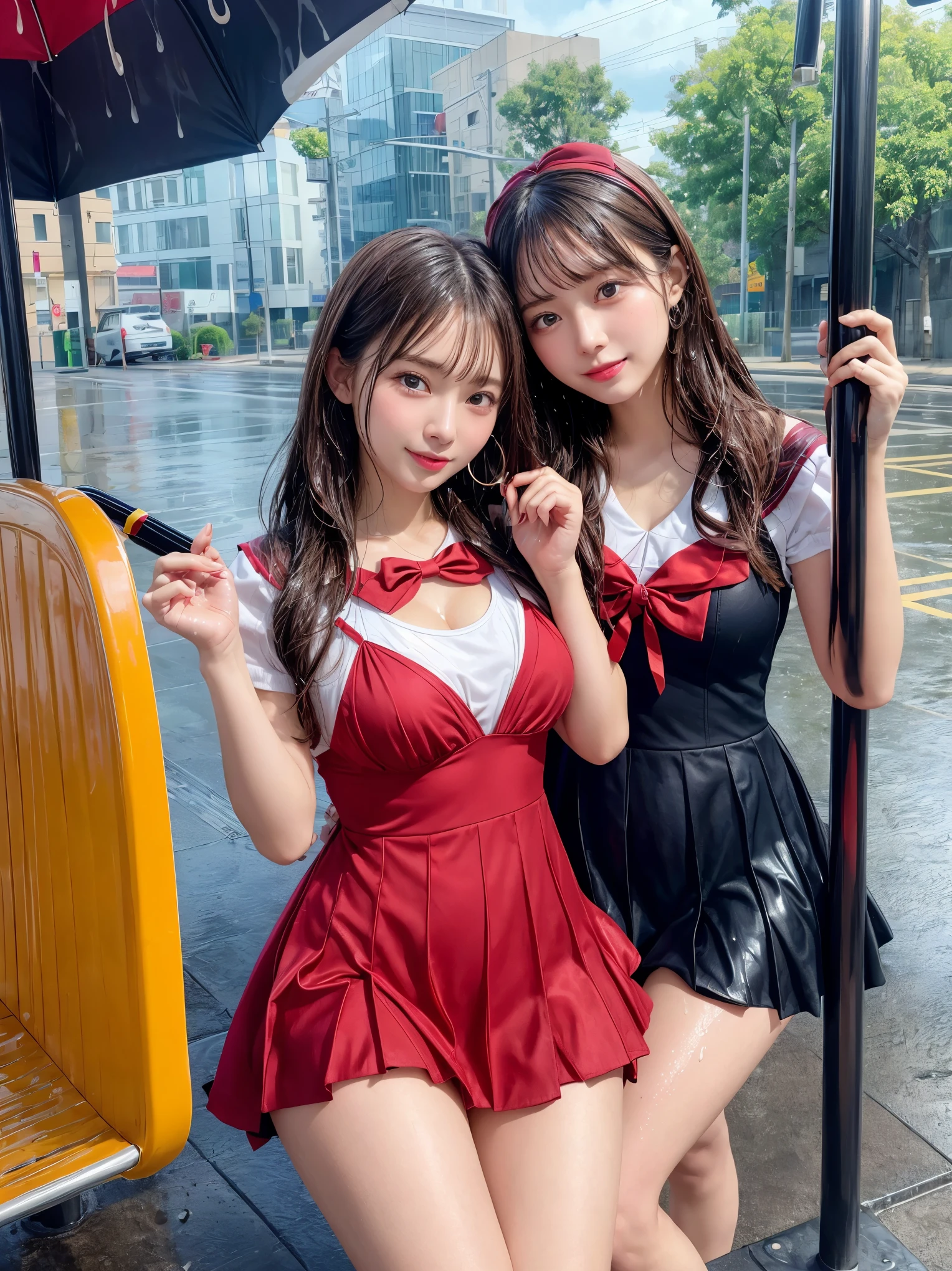 ((masterpiece)), ((highest quality)), (Super detailed), ((very detailed)), 4k, (8k), highest quality, (beautiful), shape, anime style, hyper genuineistic, genuine, dynamic angle, (((close))), thick outline, clear outline, (two girls, two cute girls:1.5), (sailor suit:1.3), beautiful light brown hair, beautiful brown eyes, ((beautiful eyes)), (super cute face:1.3), short hair, big breasts, light smile, (Wet day, bus stop, holding a red umbrella:1.3)