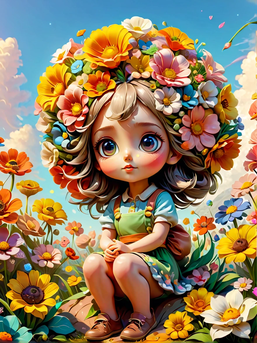 Very realistic 3D rendered images，With amazing views。Avatar style color scheme，The theme is a world of spring flowers，A super cute  girl character IP，charming big eyes，Sitting on a huge flower in front of the audience，seems to be dreaming，clear sky，Pixel，IP，blind box，clay material，Pastels，studio lighting。Front，octane rendering，Blender，super quality，vivid brushstrokes