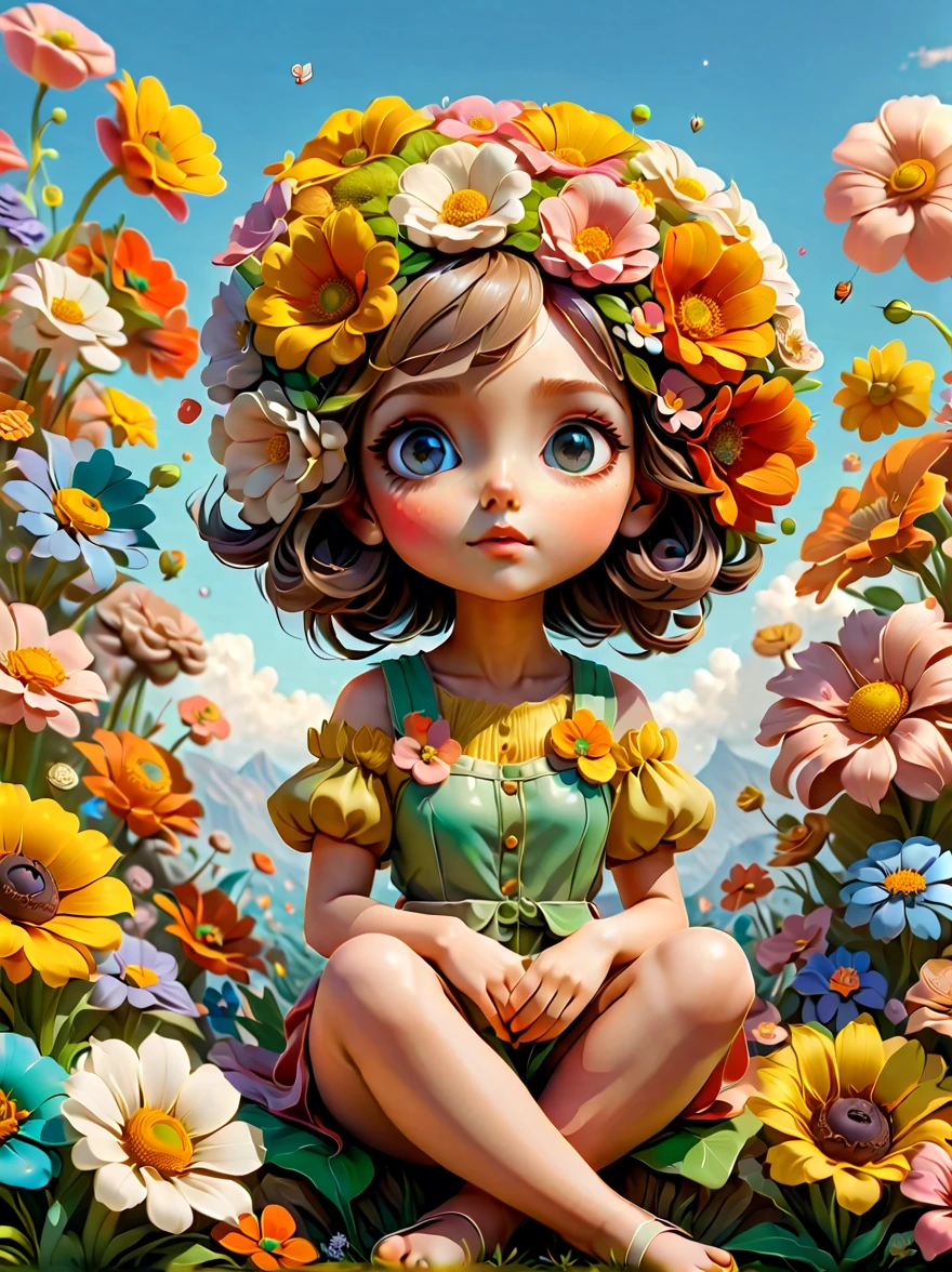 Very realistic 3D rendered images，With amazing views。Avatar style color scheme，The theme is a world of spring flowers，A super cute little girl character IP，charming big eyes，Sitting on a huge flower in front of the audience，seems to be dreaming，clear sky，Pixel，IP，blind box，clay material，Pastels，studio lighting。Front，octane rendering，Blender，super quality，vivid brushstrokes