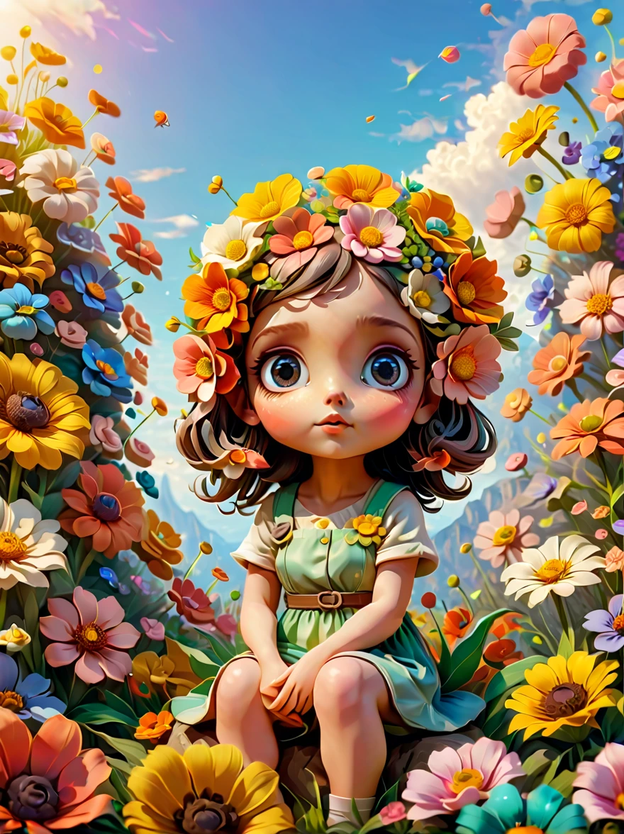 Very realistic 3D rendered images，With amazing views。Avatar style color scheme，The theme is a world of spring flowers，A super cute  girl character IP，charming big eyes，Sitting on a huge flower in front of the audience，seems to be dreaming，clear sky，Pixel，IP，blind box，clay material，Pastels，studio lighting。Front，octane rendering，Blender，super quality，vivid brushstrokes