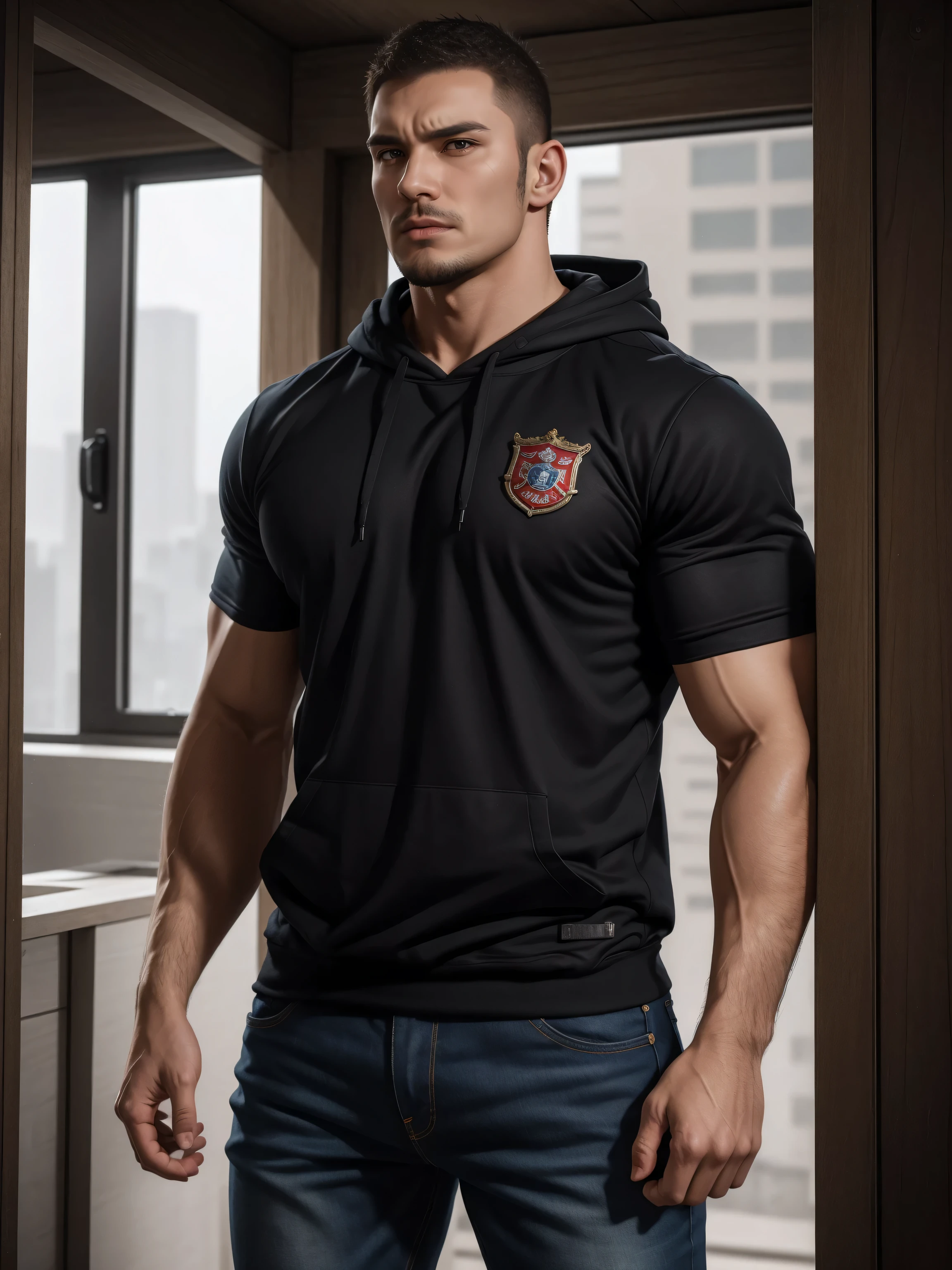 Tall giant muscular肌肉男，红色和黑色连帽Sweatshirt，Sweatshirt，jeans，character concept（Resident Evil - chris redfield，chris redfield）angry angry expression，Deep and charming eyes，heroic male pose，高大burly，muscular！muscular大腿，tough guy，perfect facial features，High, burly, Heqiang， Super gain and cool， high resolution committee，Charming strong man，The bright sunshine shines on you through the window