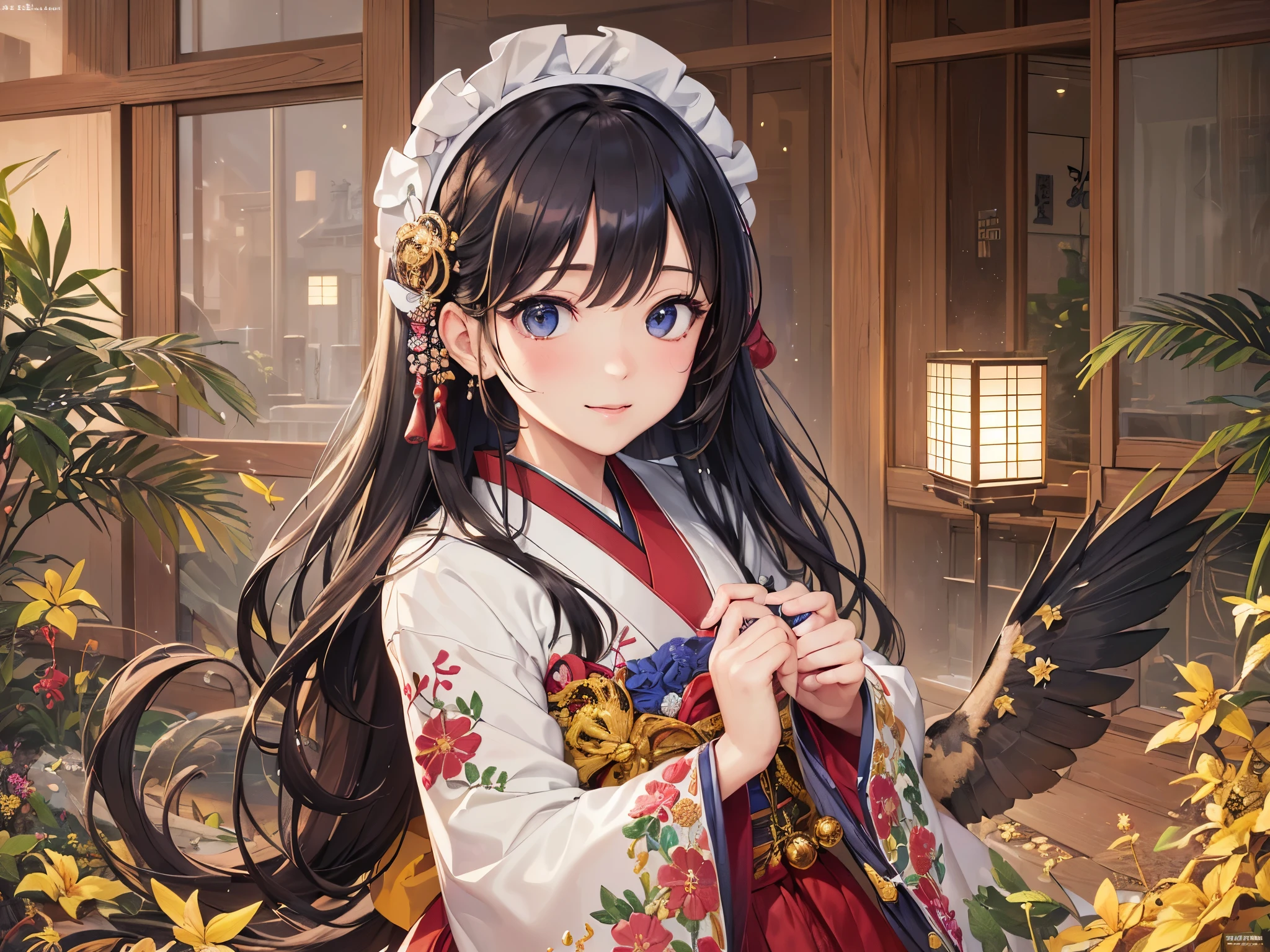 ((highest quality)),(ultra high resolution),(Super detailed),(detailed description),((best CG)),(best work of art),super precision art,amazing drawing art,(Art with precise details:1.5), (1 woman:1.8),smile,(Japanese clothes with intricate and detailed embroidery:1.6), Spring brook,butterfly,birdie, Wakaba,Sparkling light