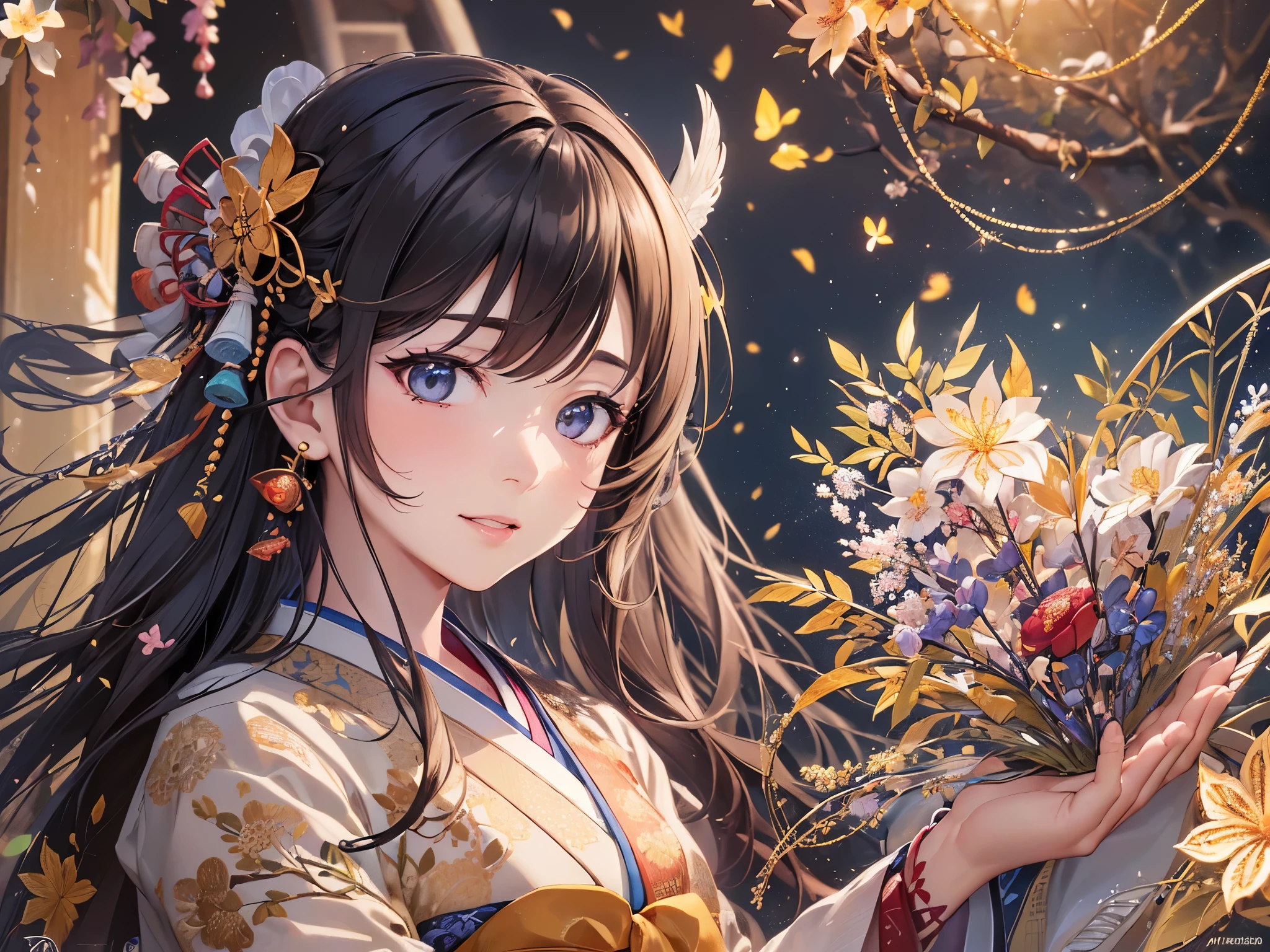 ((highest quality)),(ultra high resolution),(Super detailed),(detailed description),((best CG)),(best work of art),super precision art,amazing drawing art,(Art with precise details:1.5), (1 woman:1.8),smile,(Japanese clothes with intricate and detailed embroidery:1.6), Spring brook,butterfly,birdie, Wakaba,Sparkling light