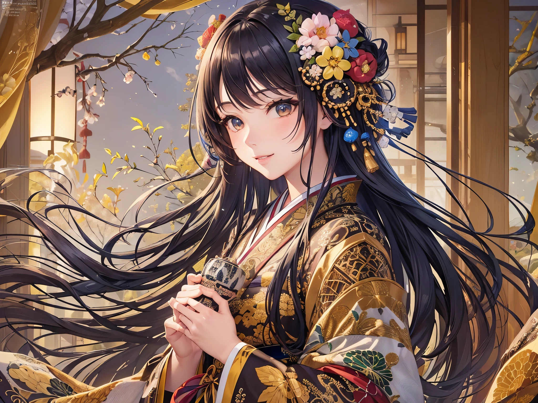 ((highest quality)),(ultra high resolution),(Super detailed),(detailed description),((best CG)),(best work of art),super precision art,amazing drawing art,(Art with precise details:1.5), (1 woman:1.8),smile,(Japanese clothes with intricate and detailed embroidery:1.6), Spring brook,butterfly,birdie, Wakaba,Sparkling light