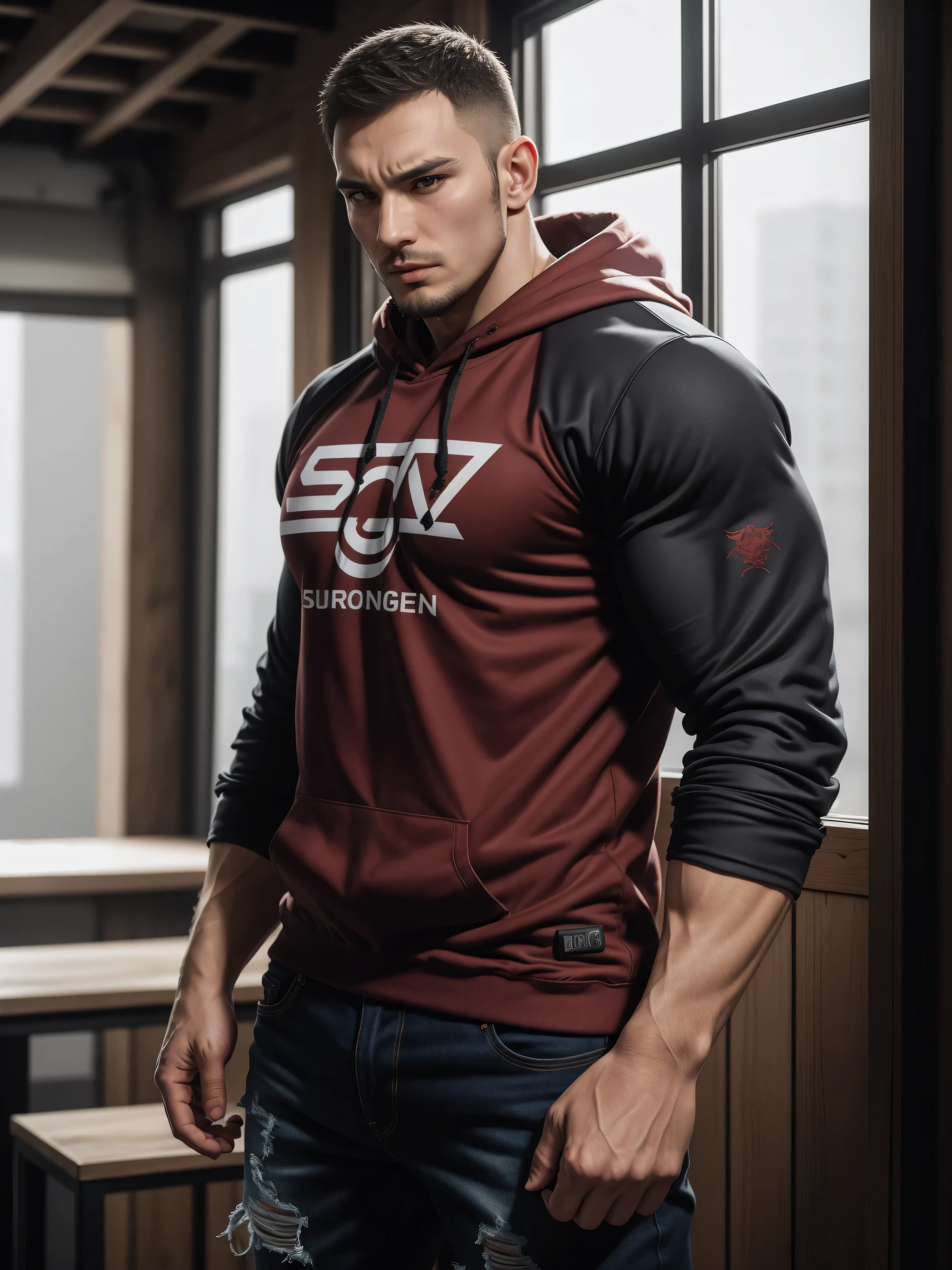 Tall giant muscular肌肉男,红色和黑色连帽Sweatshirt,Sweatshirt,jeans,character concept(Resident Evil - chris redfield,chris redfield)angry angry expression,Deep and charming eyes,heroic male pose,高大burly,muscular!muscular大腿,tough guy,perfect facial features,High, burly, Heqiang, Super gain and cool, high resolution committee,Charming strong man,The bright sunshine shines on you through the window