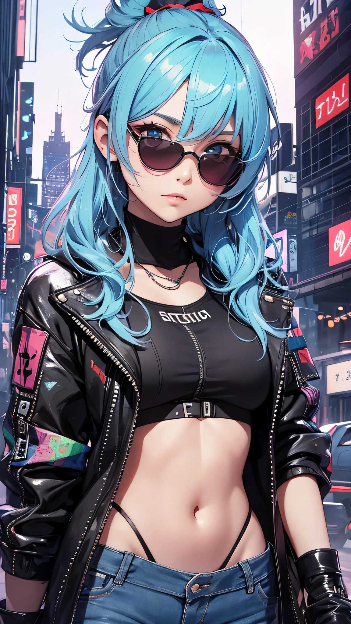 最high quality、best image quality、masterpiece、girl((20-year-old、 By becoming、vest bust、medium bust,wide open breast tea、shining eyes, light blue hair、long hair、thin,highest valley、ponytail、action of looking up、right arm bandage、Black shirt with wide open chest、berry shorts、cool pose、holding a black smartphone、Cyber Sunglasses)),high quality、beautiful art、background((cyberpunk city、punk house))、Flight、debris flies、Depth of written boundary、movie、visual art、perfect art、8k,genuine、