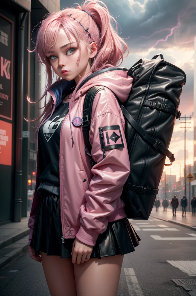 1 girl,pink jacket,dark stormy clouds,Sateen,mirth,hoody,Superskirt,Open jacket,backpackessy hair,8k resolution,The content is very detailed,Anatomically correct,Sharp Images,digitial painting,concept-art,Trends on pixiv,tmasterpiece, Best quality, In the cyberpunk city,