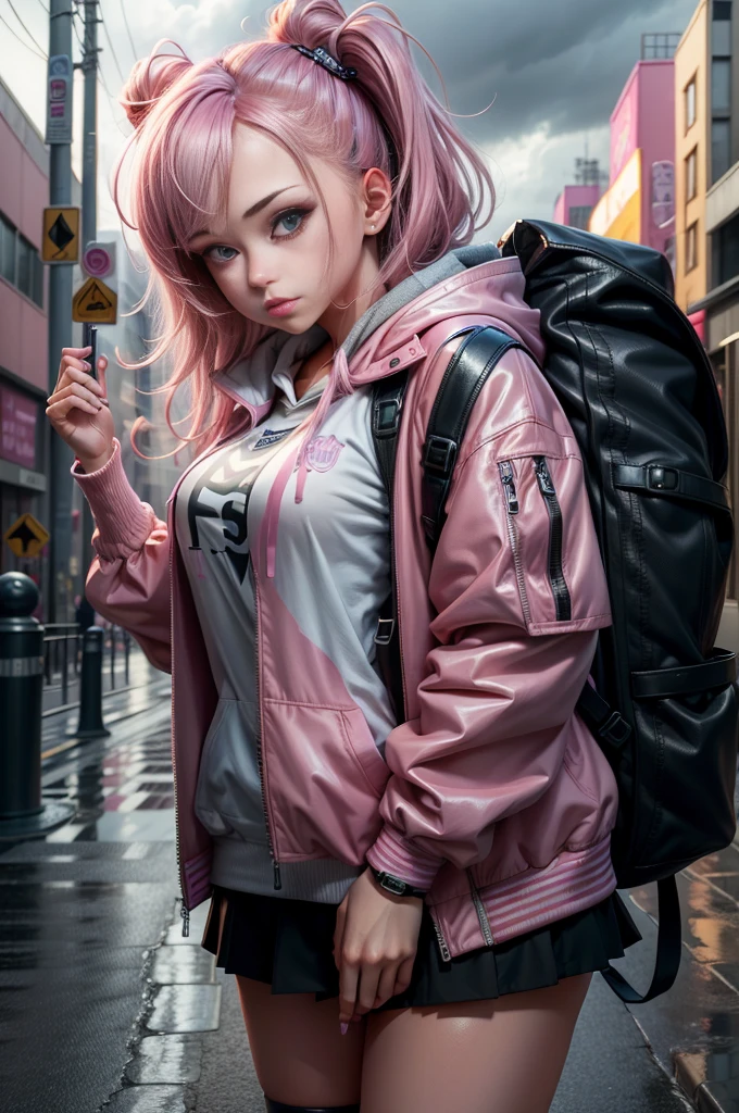 1 girl，pink jacket，dark stormy clouds，Sateen，mirth，hoody，Superskirt，Open jacket，backpackessy  hair，8k resolution，The content is very detailed，Anatomically correct，Sharp Images，digitial painting，concept-art，Trends on pixiv，tmasterpiece, Best quality, In the cyberpunk city，