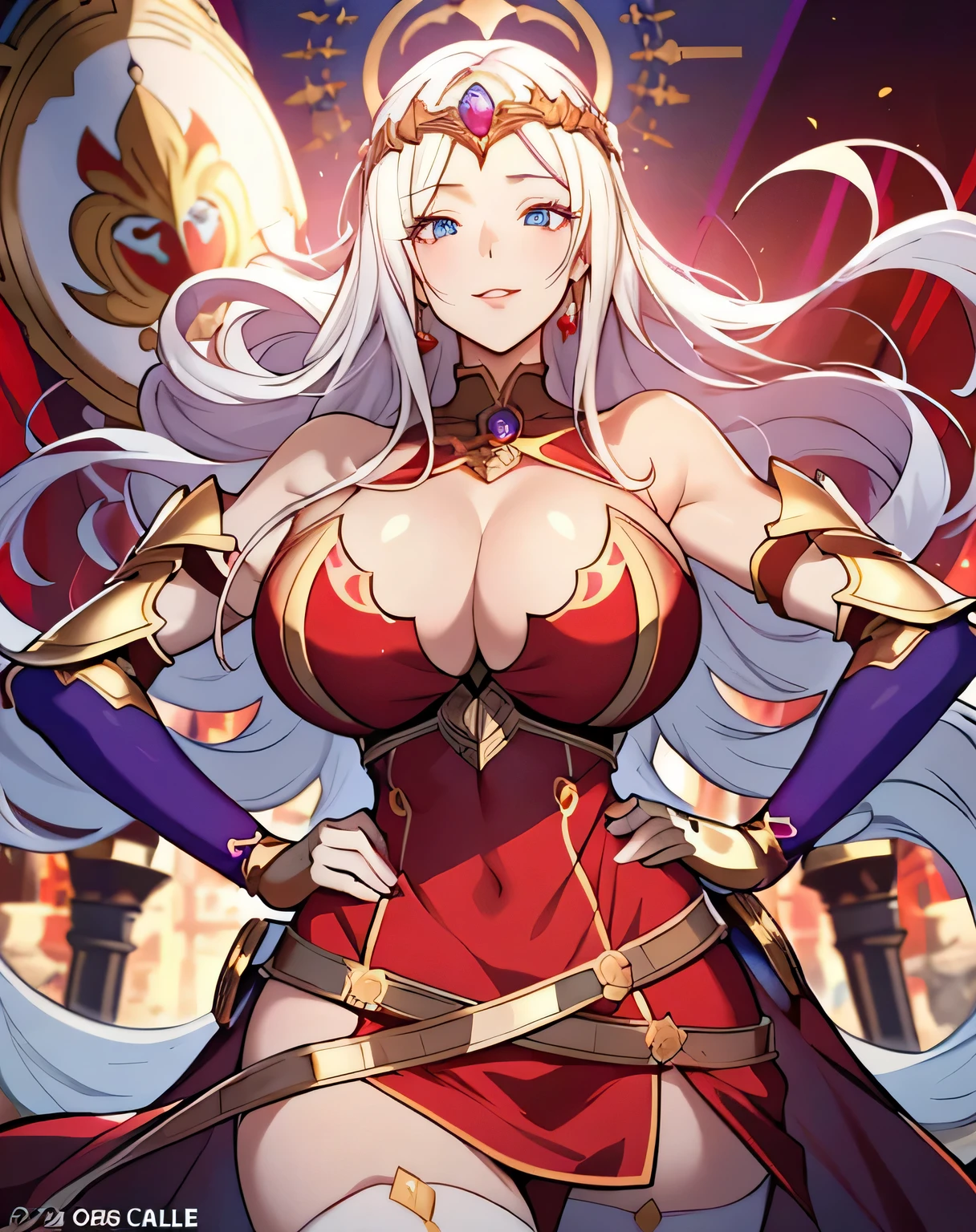 Lian, long white hair, hair stick, bangs, blue eyes, solo, smiling, standing, upper body, hips, bare shoulders,purple thighhighs, red dress, gold jewelry,armor,gloves,circlet, cleavage, red and gold royal castle, gigantic breasts, (best quality, masterpiece, beautiful and aesthetic:1.2, highest detailed face, perfect face,) eyes, perfect face,expressive eyes,
looking at viewer, in the center of the image,(Upper_body),(Focus on her face),
official art,extremely detailed CG unity 8k wallpaper, perfect lighting,Colorful, Bright_Front_face_Lighting,shiny skin,
(masterpiece:1.0),(best_quality:1.0), ultra high res,4K,ultra-detailed