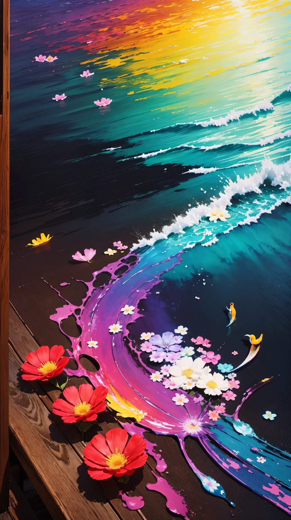 (((sea-like flower field))), water, abstract art, colorful, Bright colors, (((colorful flowers, rainbow, spilled paint))), art, waving flowers々, painting, wood, bird, Mixed color, beautiful, poster art, abstract, fantasy, paint art, A fantastic flower garden, colorful flowersと舞い散る花びら, very unique graphic art.