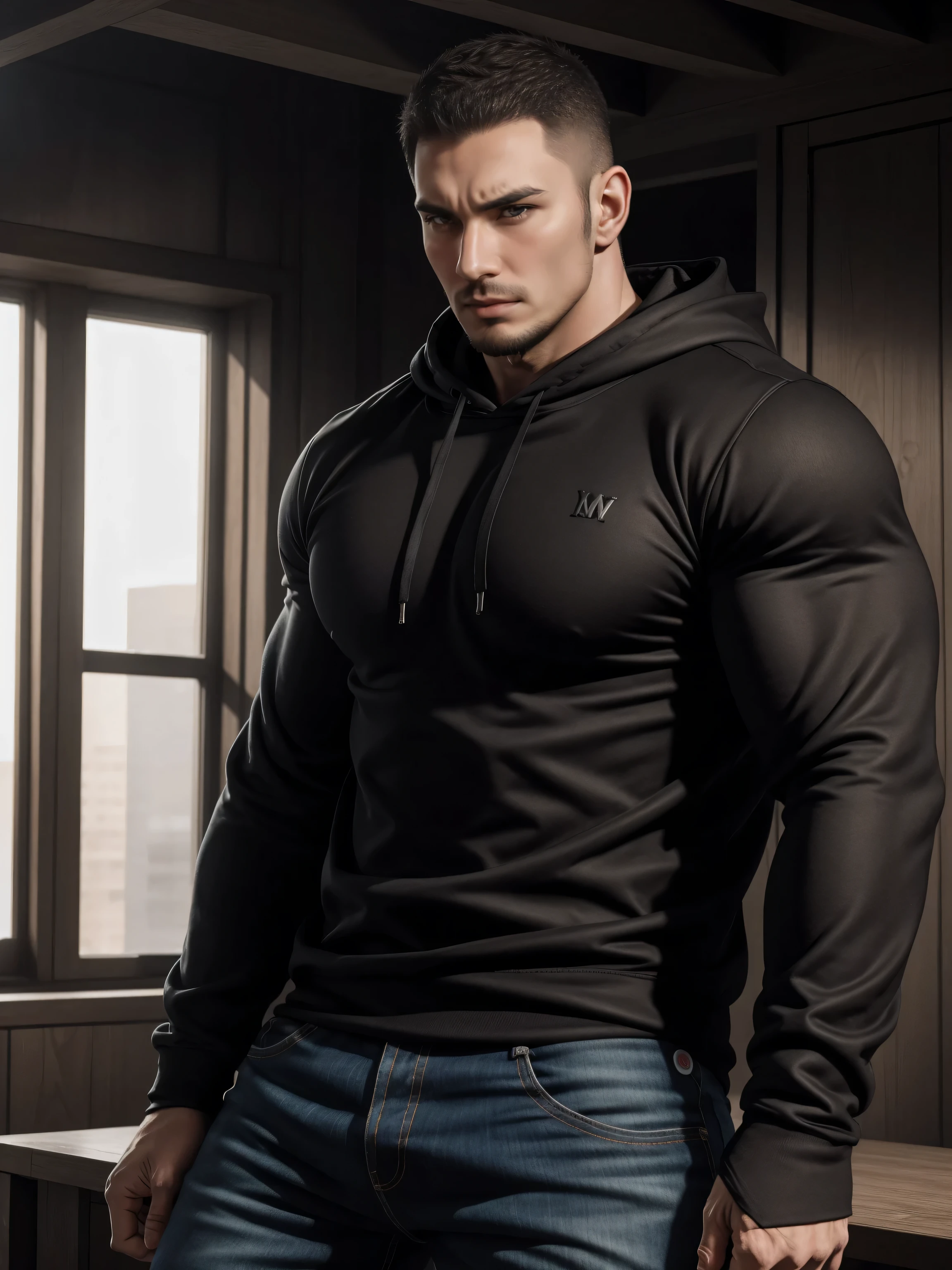 Tall giant muscular肌肉男,黑色条纹连帽Sweatshirt,Sweatshirt,jeans,character concept(Resident Evil - chris redfield,chris redfield)angry angry expression,Deep and charming eyes,heroic male pose,高大burly,muscular!muscular大腿,tough guy,perfect facial features,High, burly, Heqiang, Super gain and cool, high resolution committee,Charming strong man,The bright sunshine shines on you through the window