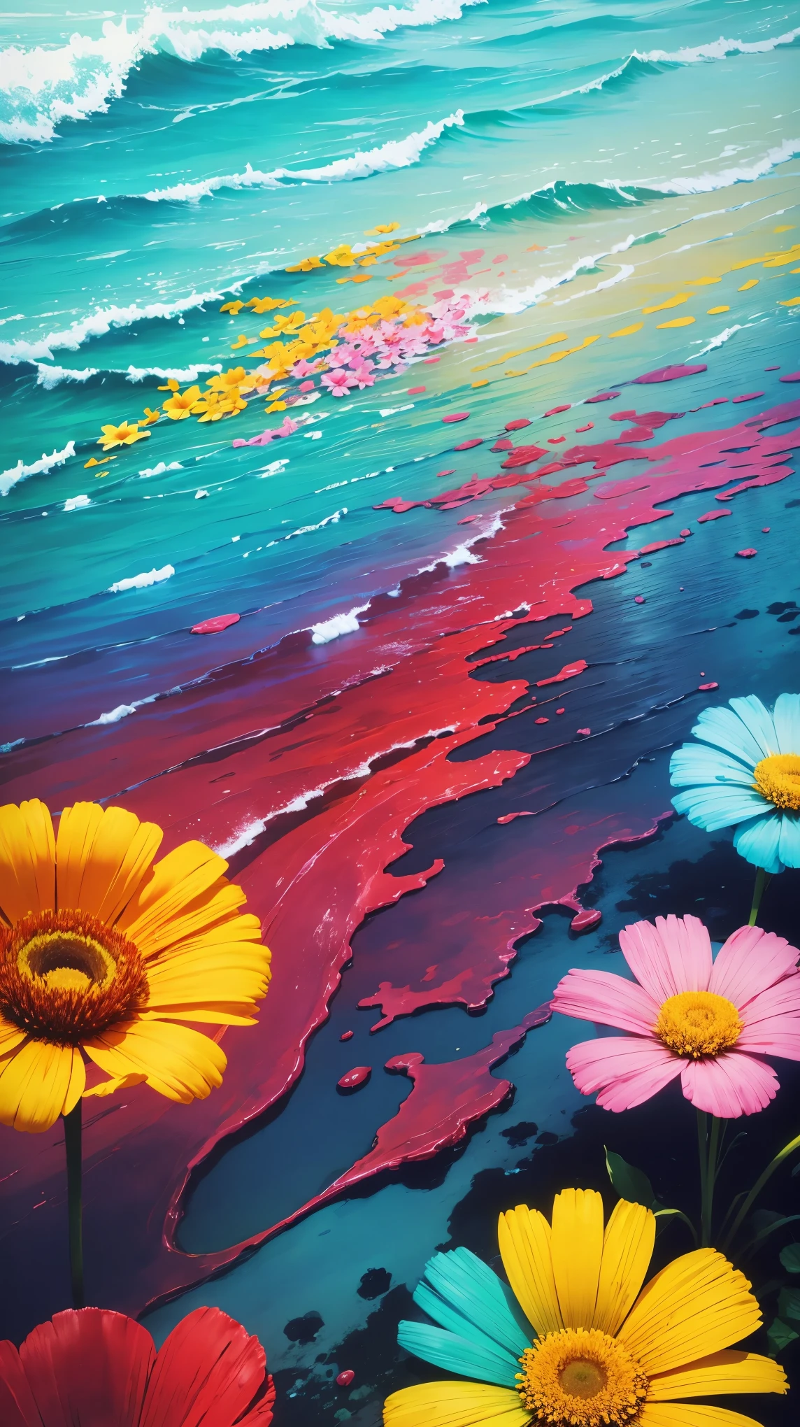 (((sea-like flower field))), water, abstract art, colorful, Bright colors, (((colorful flowers, rainbow, spilled paint))), art, waving flowers々, painting, wood, bird, Mixed color, beautiful, poster art, abstract, fantasy, paint art, A fantastic flower garden, colorful flowersと舞い散る花びら, very unique graphic art.