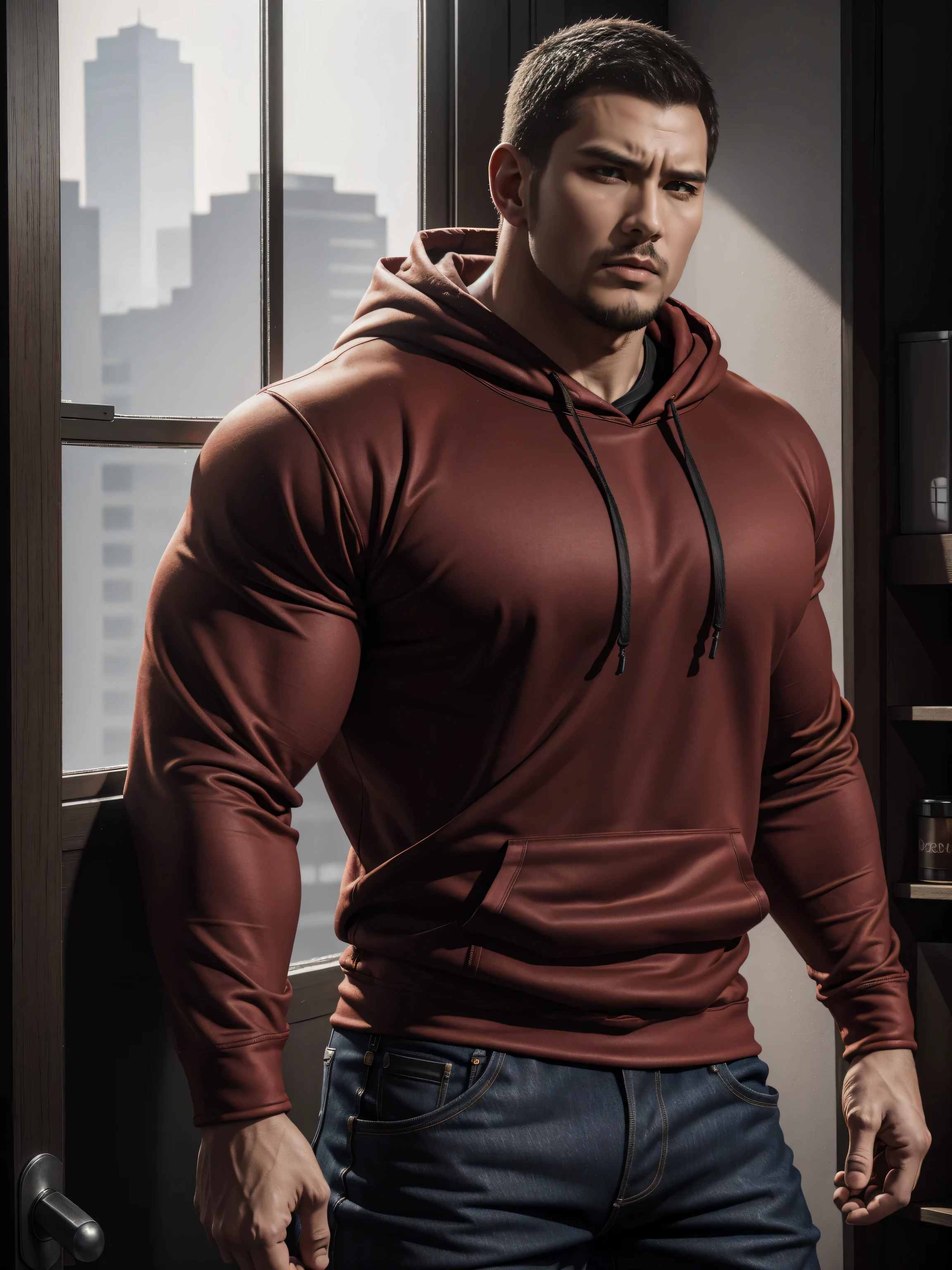 Tall giant muscular肌肉男,红色和黑色连帽Sweatshirt,Sweatshirt,jeans,character concept(Resident Evil - chris redfield,chris redfield)angry angry expression,Deep and charming eyes,heroic male pose,高大burly,muscular!muscular大腿,tough guy,perfect facial features,High, burly, Heqiang, Super gain and cool, high resolution committee,Charming strong man,The bright sunshine shines on you through the window