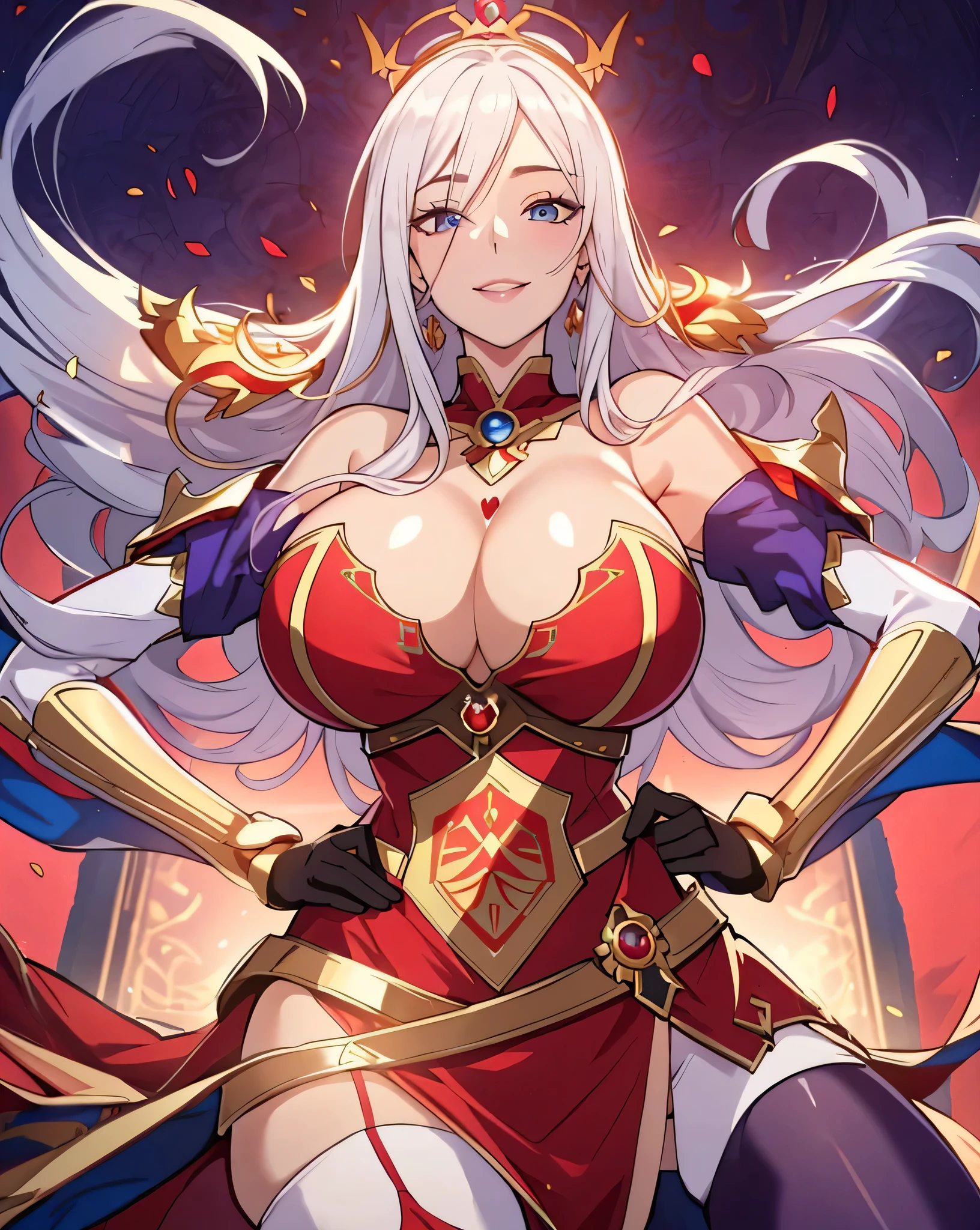 Lian, long white hair, hair stick, bangs, blue eyes, solo, smiling, standing, upper body, hips, bare shoulders,purple thighhighs, red dress, gold jewelry,armor,gloves,circlet, cleavage, red and gold royal castle, gigantic breasts, (best quality, masterpiece, beautiful and aesthetic:1.2, highest detailed face, perfect face,) eyes, perfect face,expressive eyes,
looking at viewer, in the center of the image,(Upper_body),(Focus on her face),
official art,extremely detailed CG unity 8k wallpaper, perfect lighting,Colorful, Bright_Front_face_Lighting,shiny skin,
(masterpiece:1.0),(best_quality:1.0), ultra high res,4K,ultra-detailed
