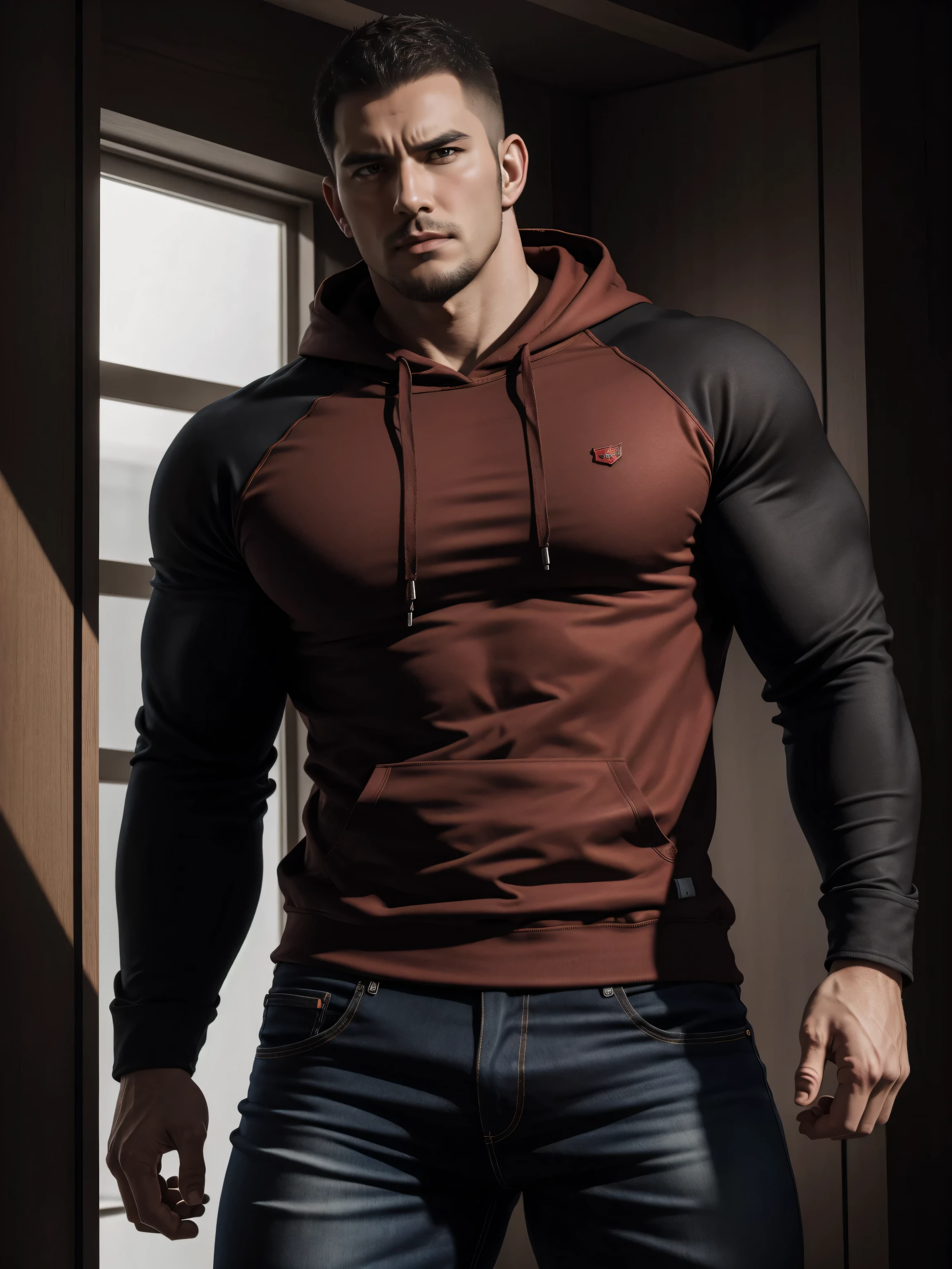 Tall giant muscular肌肉男,红色和黑色连帽Sweatshirt,Sweatshirt,jeans,character concept(Resident Evil - chris redfield,chris redfield)angry angry expression,Deep and charming eyes,heroic male pose,高大burly,muscular!muscular大腿,tough guy,perfect facial features,High, burly, Heqiang, Super gain and cool, high resolution committee,Charming strong man,The bright sunshine shines on you through the window