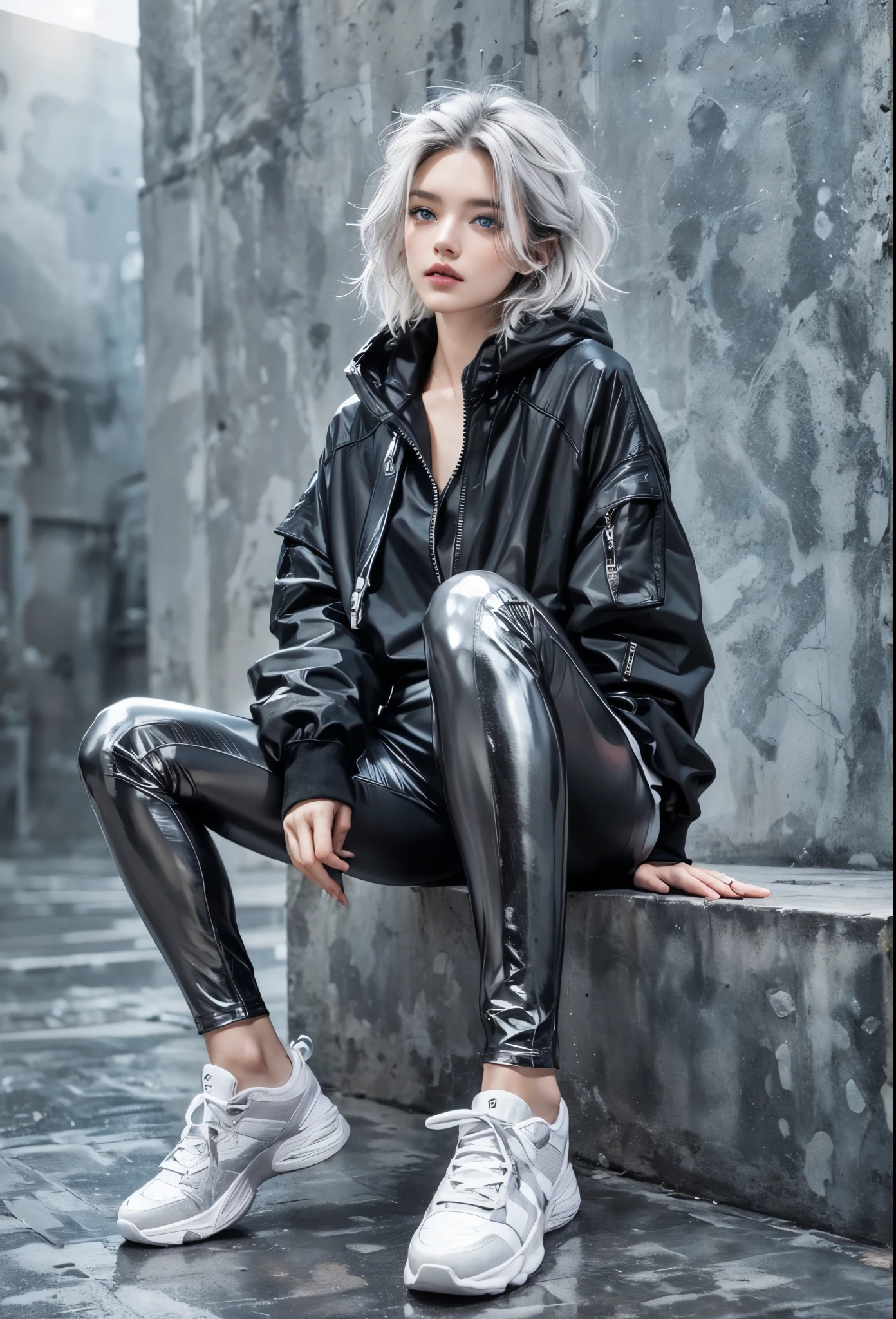 highly detailed, beautiful, masterpiece, best quality, abstract beauty, fashion brand collection, Beautiful and cute perfect model, gray hair, light color eyes, all body, sitting, Cross the legs, Shiny skin, Detailed face, two legs, approaching perfection, digital painting, concept art, illustration, white and black colors, surreal, abstract forms, fog, mist, complicated concrete background, ultra soft Crumpled nylon, shining Cloth, over size nylon Parker, black Leggings, white Sneaker, (gray hair, blue eyes:1.2),