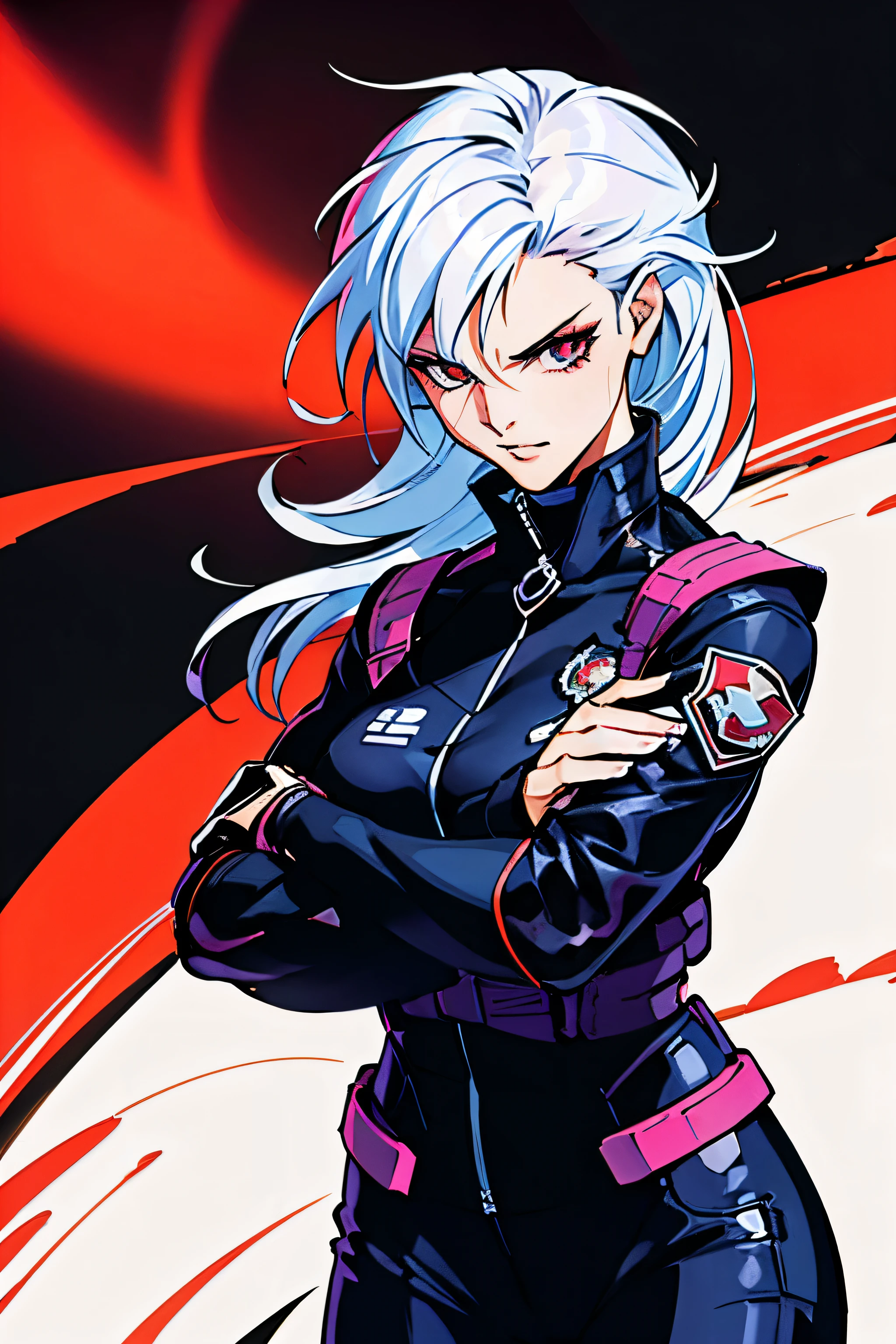 Laura Winters is a young, athletic woman, de altura mediana e cabelos brancos com alguns detalhes pretos que caem em cascata sobre os ombros. His eyes are a deep red, reflecting your determination and compassion. She tends to dress practical and comfortable., opting for clothing that allows freedom of movement during your missions as a heroine. In your heroine fantasy, She wears a simple set of pants and jacket, predominantemente azuis, com detalhes em branco e vermelho, representando o gelo e o fogo que ela controla. Um emblema estilizado de chamas e cristais de gelo adorna o peito de sua jaqueta, simbolizando sua dualidade de poderes.