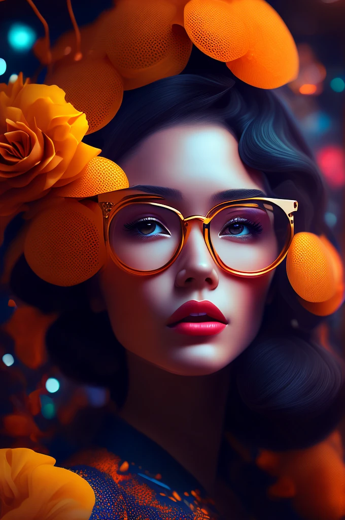 (retrato fashionista REALISTA, uma mulher francesa, mais velha, idosa, rosto europeu, imagem rica em detalhes, with yellow glasses, 1950s with intricate colorful, modern vintage glasses), uma pintura fotorrealista de Derek Zabrocki, cabelo com flores colorful, expression would be, (fotografia digital extremamente detalhada: 1.2), Standing in the middle of the city, (((corpo inteiro))), imagem crua,, Hasselblad, 50asa, f8, 12 millimeters, efeitos de brilho, Raios de Deus, handdrawn, prestar, 8k, octan render, Cinema 4D, liquidificador, Escuro, atmospheric 4k ultra detailed, cinematic sensual, sharp focus, Very serious illustration great depth of field, obra-prima, cores, 3d octane render, 4k, arte conceitual, trending in the artstation, hiper realista, cores vivas, Anel luminoso, extremamente detalhado CG unidade de papel de parede 8k, trending in artstation, trend in CGSociety, estilo Pop Art por Yayoi Kusama, intrincado, alto detalhe, Dramatic , energia pura, light particles, scientific fiction