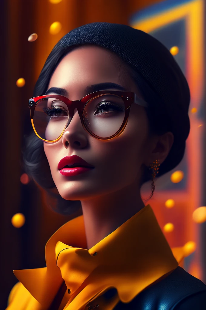 (retrato fashionista REALISTA, uma mulher francesa, mais velha, idosa, rosto europeu, imagem rica em detalhes, with yellow glasses, 1950s with intricate colorful, modern vintage glasses), uma pintura fotorrealista de Derek Zabrocki, cabelo com flores colorful, expression would be, (fotografia digital extremamente detalhada: 1.2), Standing in the middle of the city, (((corpo inteiro))), imagem crua,, Hasselblad, 50asa, f8, 12 millimeters, efeitos de brilho, Raios de Deus, handdrawn, prestar, 8k, octan render, Cinema 4D, liquidificador, Escuro, atmospheric 4k ultra detailed, cinematic sensual, sharp focus, Very serious illustration great depth of field, obra-prima, cores, 3d octane render, 4k, arte conceitual, trending in the artstation, hiper realista, cores vivas, Anel luminoso, extremamente detalhado CG unidade de papel de parede 8k, trending in artstation, trend in CGSociety, estilo Pop Art por Yayoi Kusama, intrincado, alto detalhe, Dramatic , energia pura, light particles, scientific fiction
