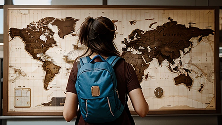 Generates an image of a female traveler, with a backpack and a map.